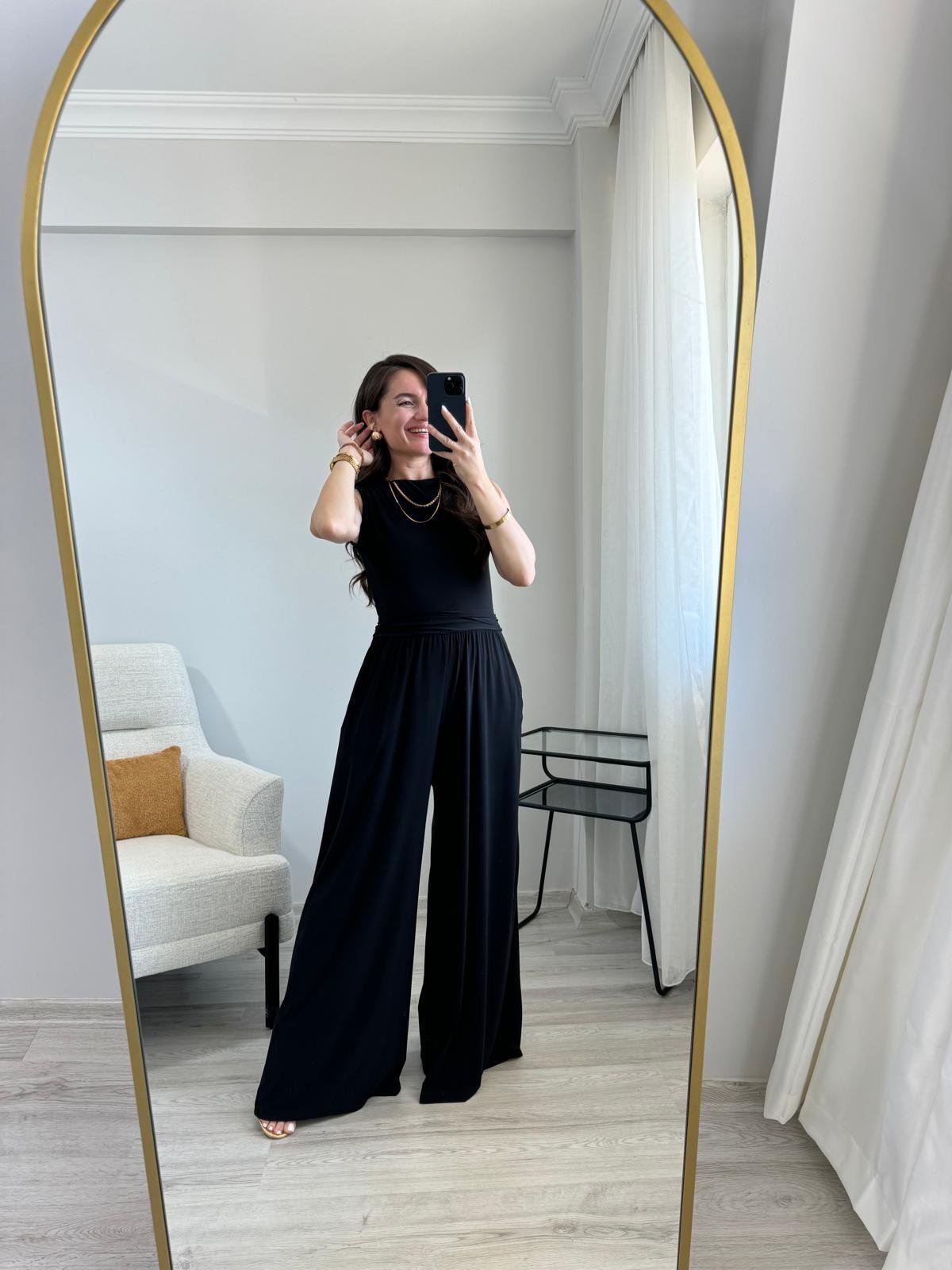 Siyah Bel Drape Detaylı Tulum 9134