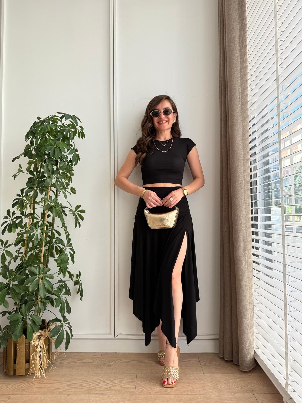 Siyah Bel Drape Detaylı Yırtmaçlı Etek 1138