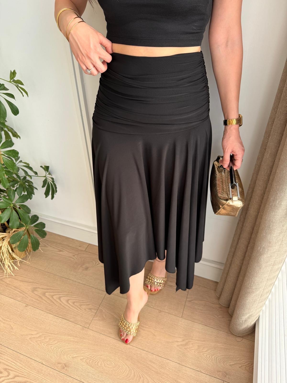 Siyah Bel Drape Detaylı Yırtmaçlı Etek 1138