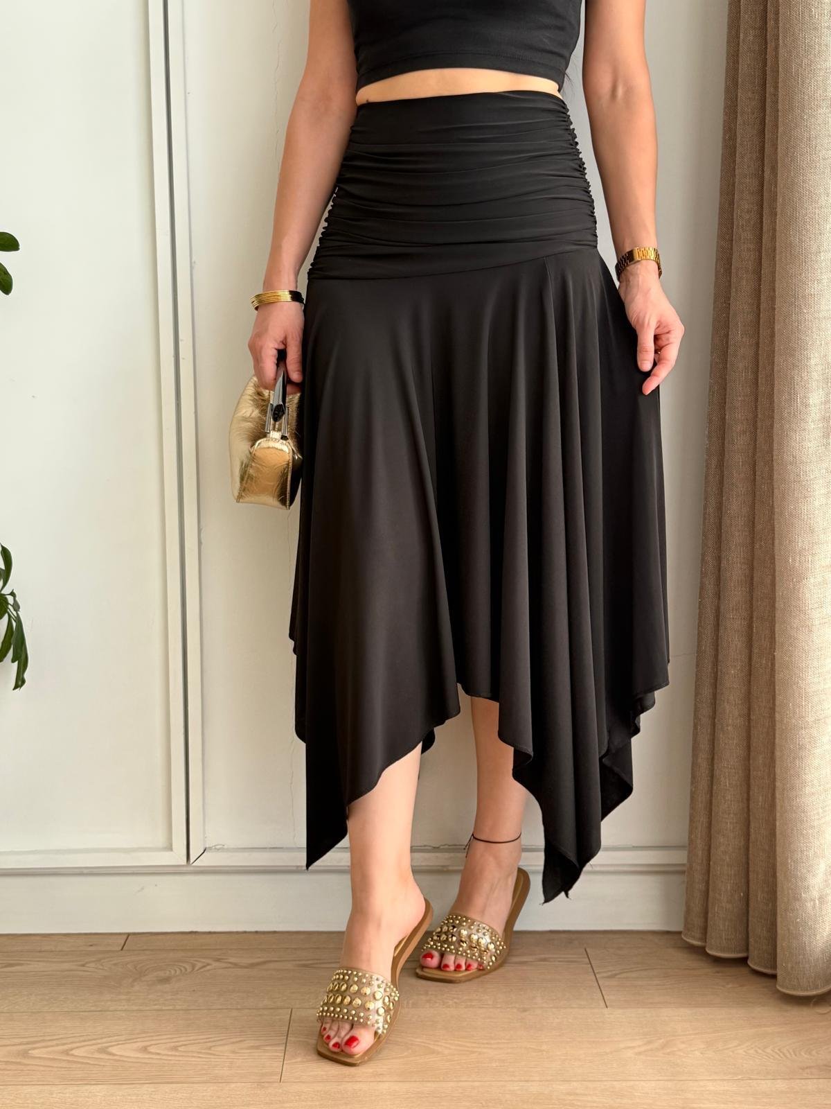Siyah Bel Drape Detaylı Yırtmaçlı Etek 1138