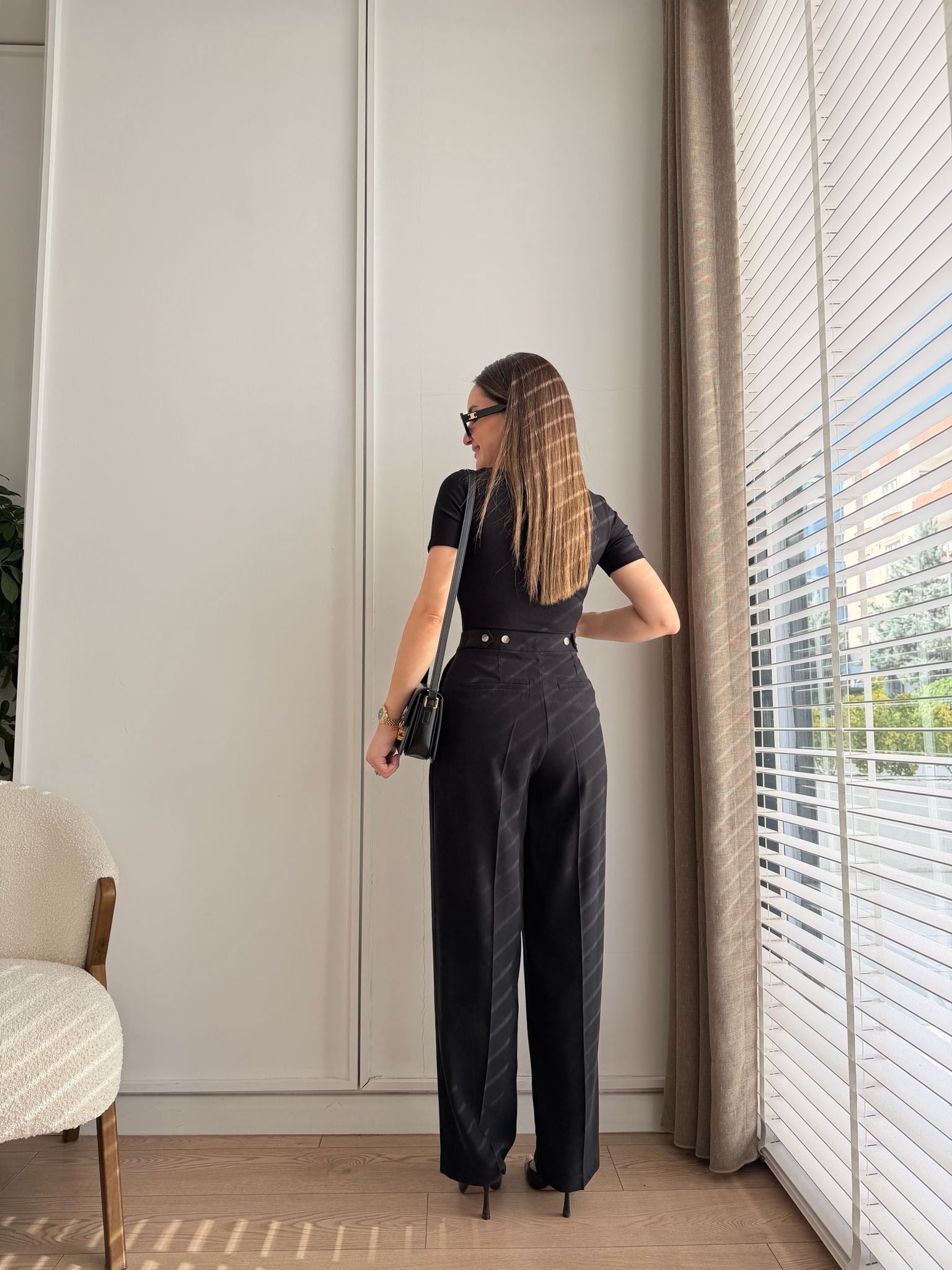 Siyah Bel Düğme Detaylı Tensel Pantolon 17545