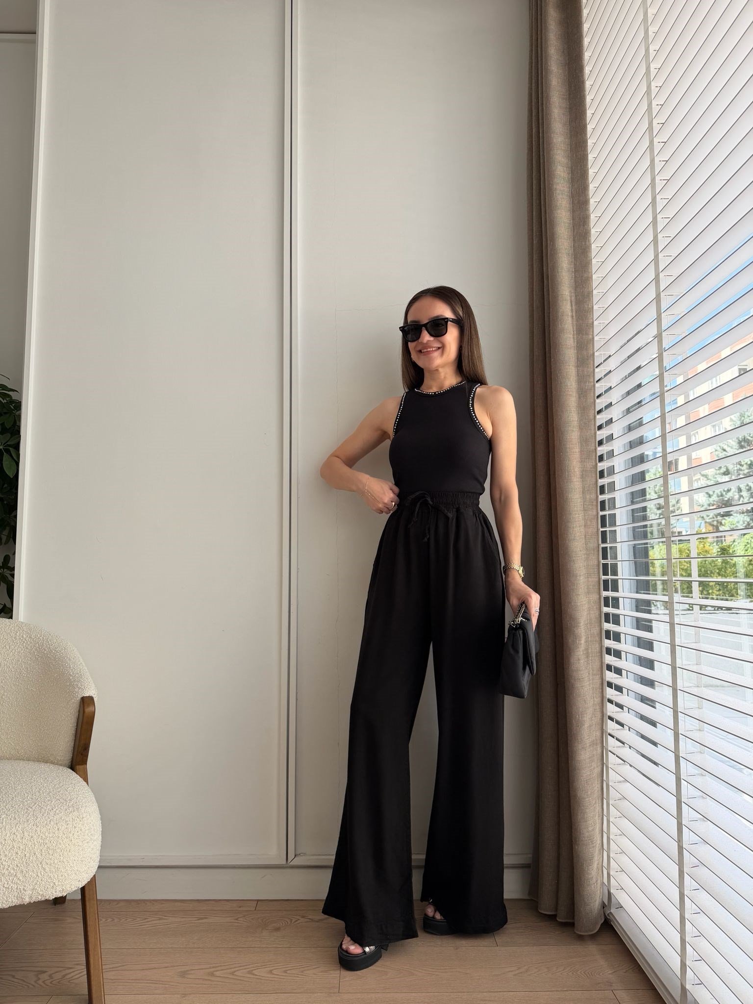 Siyah Bel Lastikli Cepli Tensel Pantolon HS708