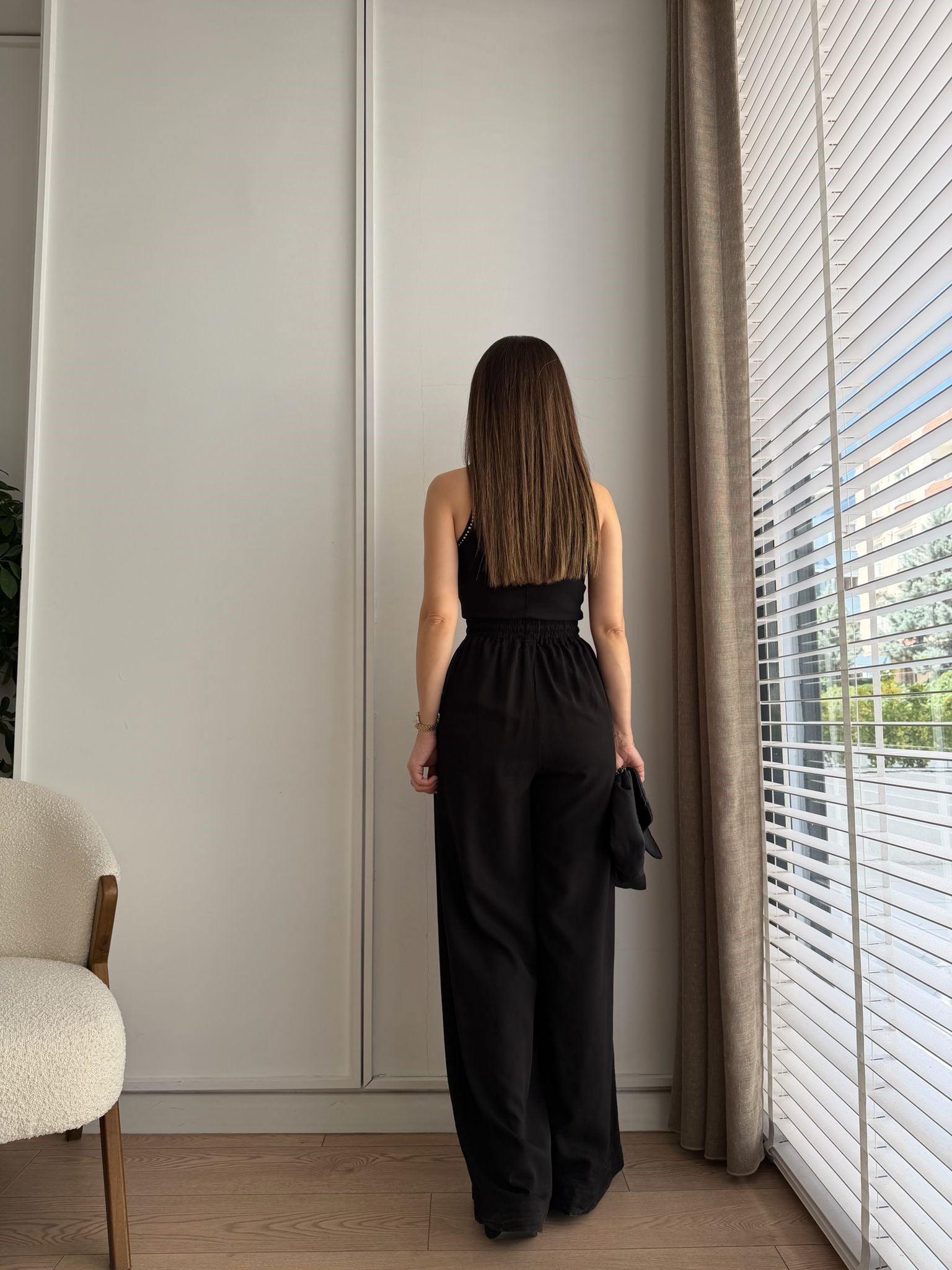 Siyah Bel Lastikli Cepli Tensel Pantolon HS708