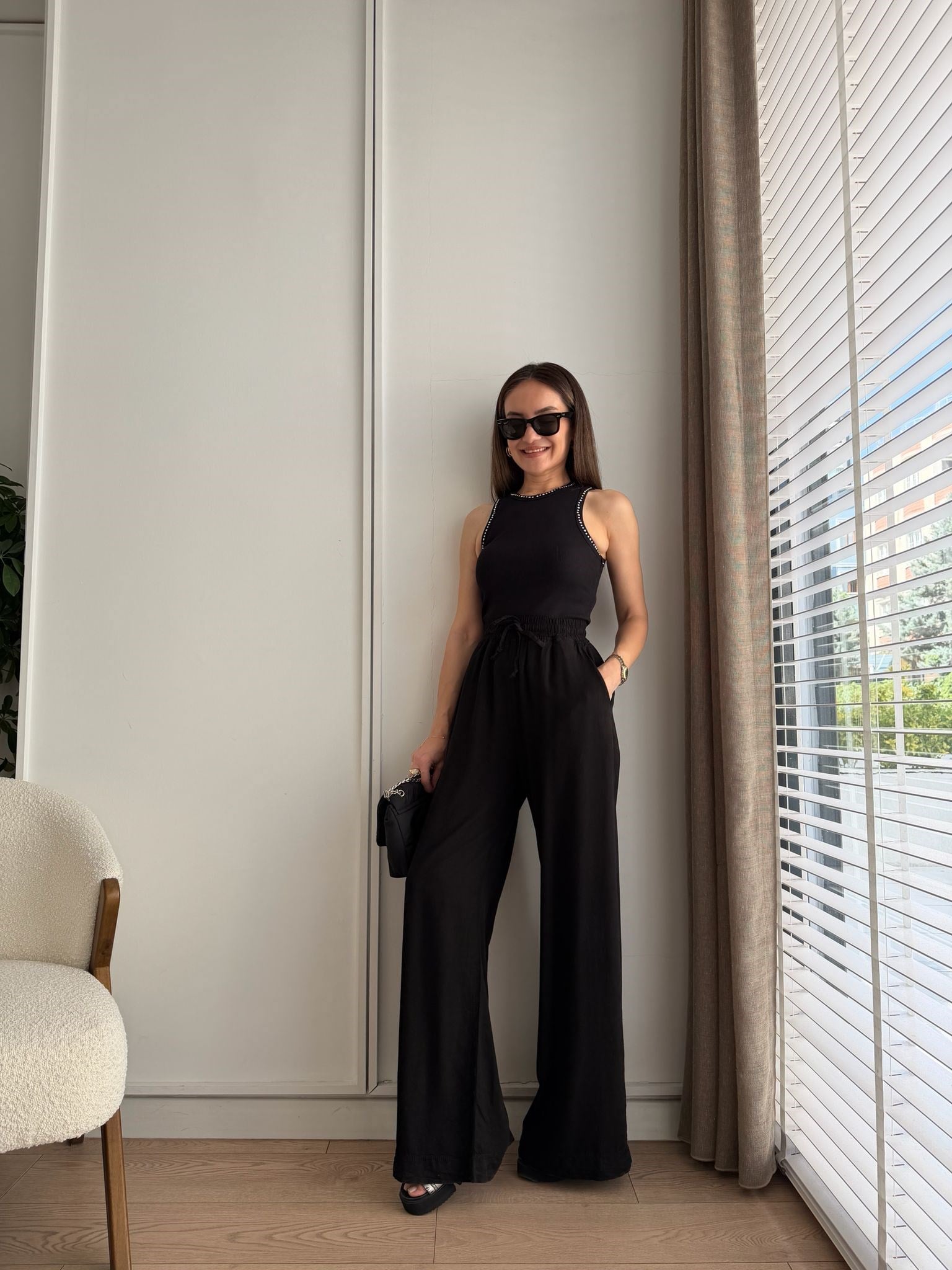 Siyah Bel Lastikli Cepli Tensel Pantolon HS708