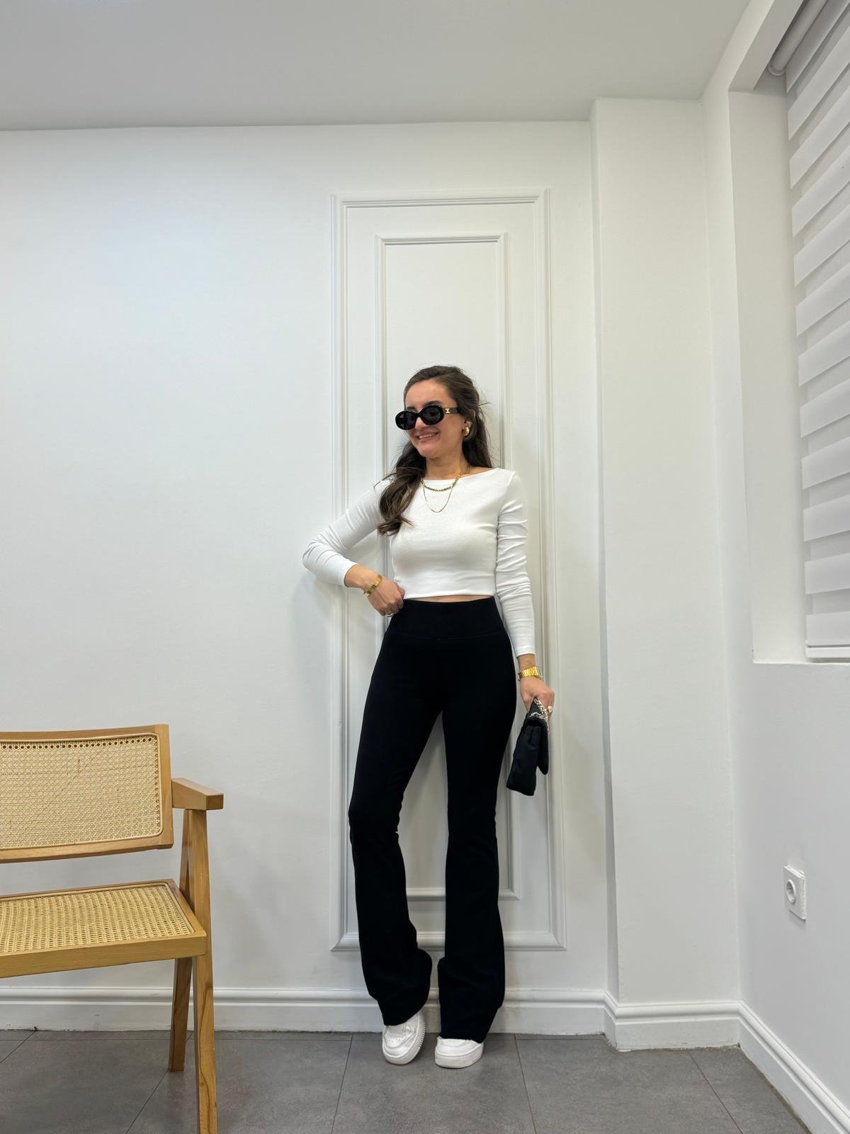 Siyah Beli Fitilli İspanyol Paça Pantolon 71054