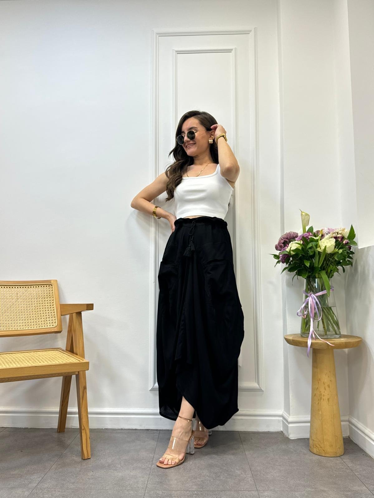 Siyah Beli İp Detaylı Şalvar Etek 20259 - Şenayın Butiği