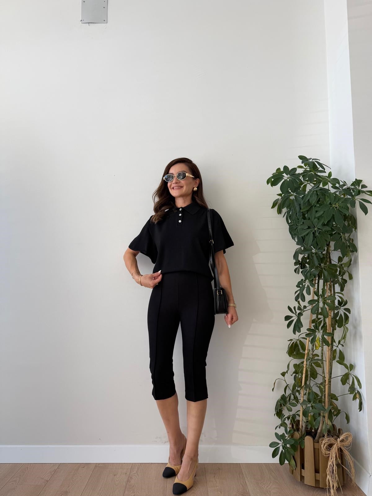 Siyah Beli Lastikli Capri Pantolon 17896