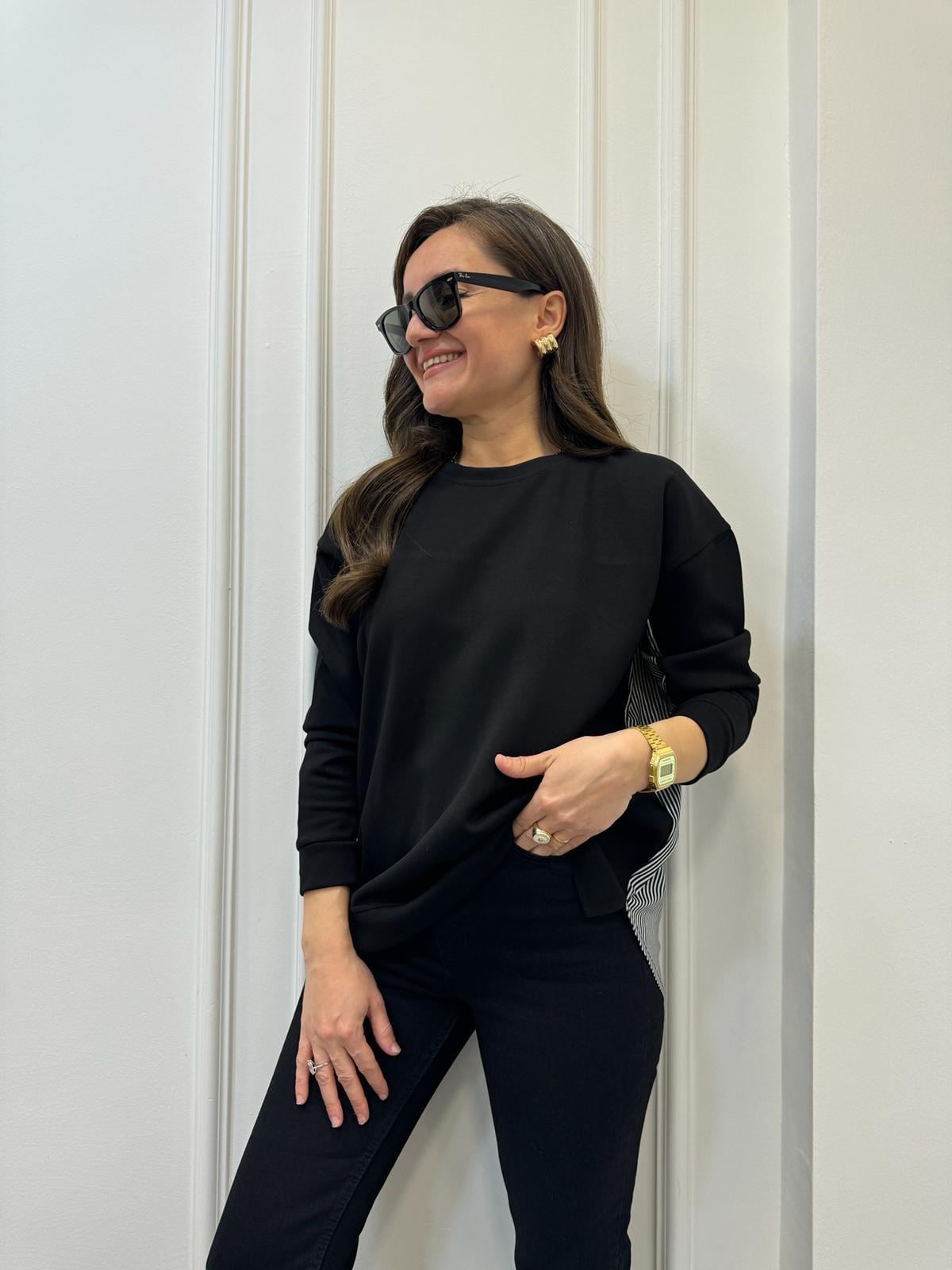 Siyah Bisiklet Yaka Arkası Gömlek Detaylı Çizgili Tasarım Sweatshirt 0019