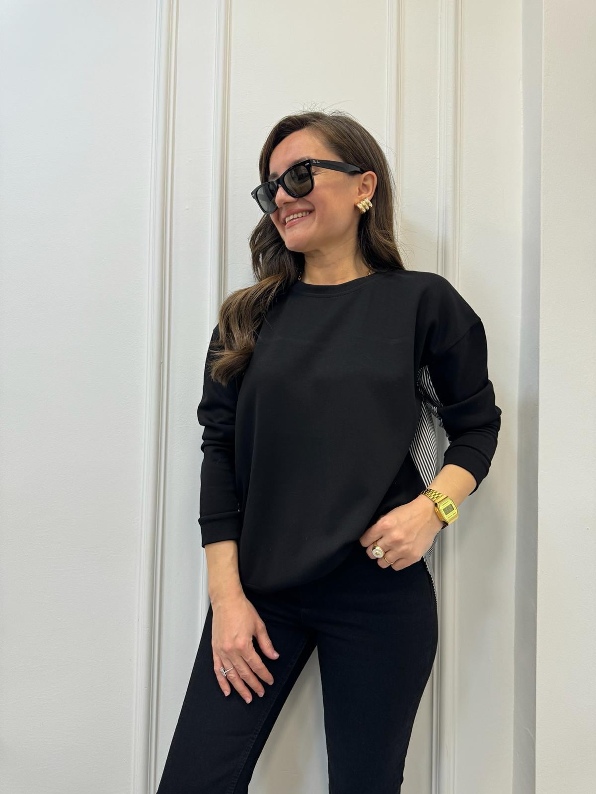 Siyah Bisiklet Yaka Arkası Gömlek Detaylı Çizgili Tasarım Sweatshirt 0019