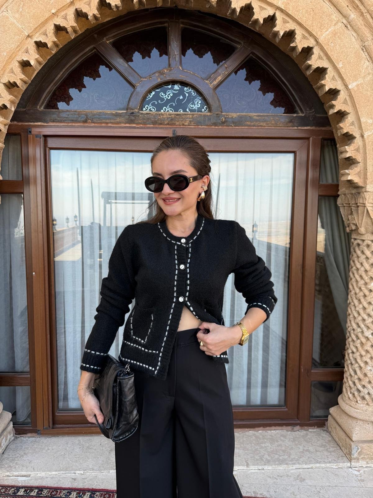 Siyah Bisiklet Yaka Cepli Triko Hırka 4892
