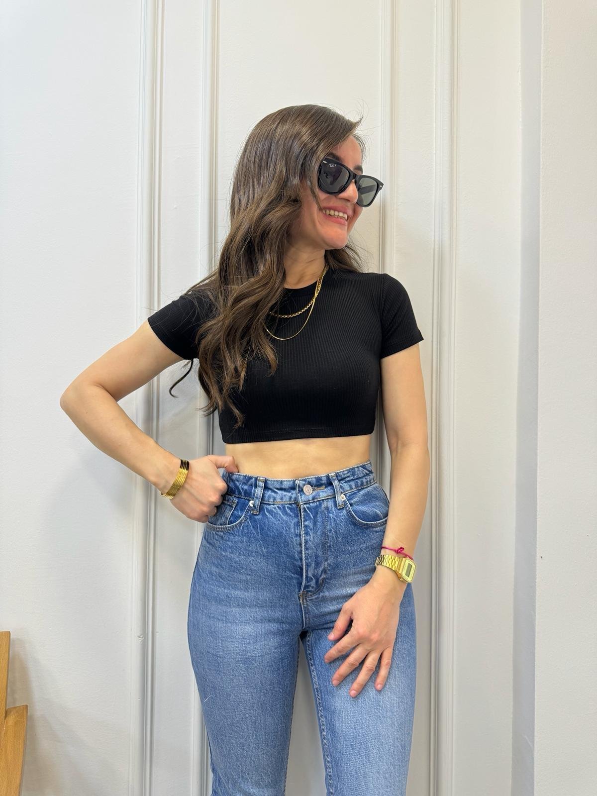 Siyah Bisiklet Yaka Fitilli Crop Tişört 4845