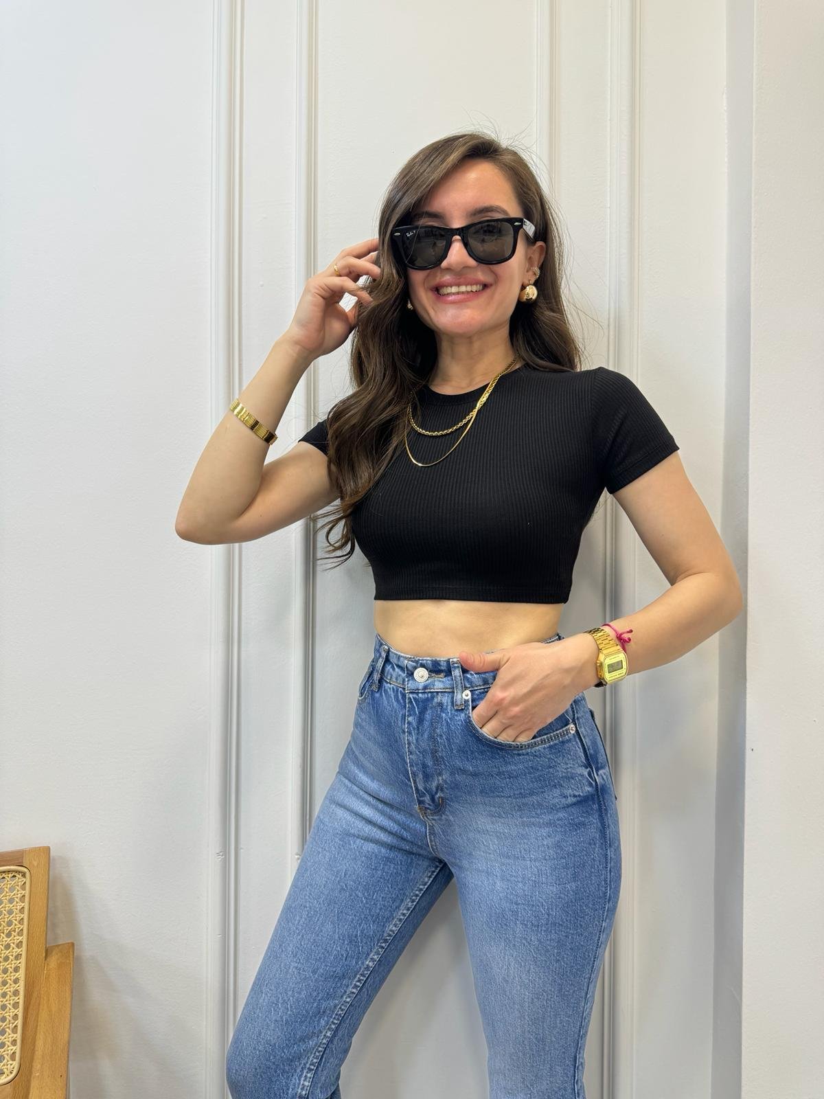 Siyah Bisiklet Yaka Fitilli Crop Tişört 4845