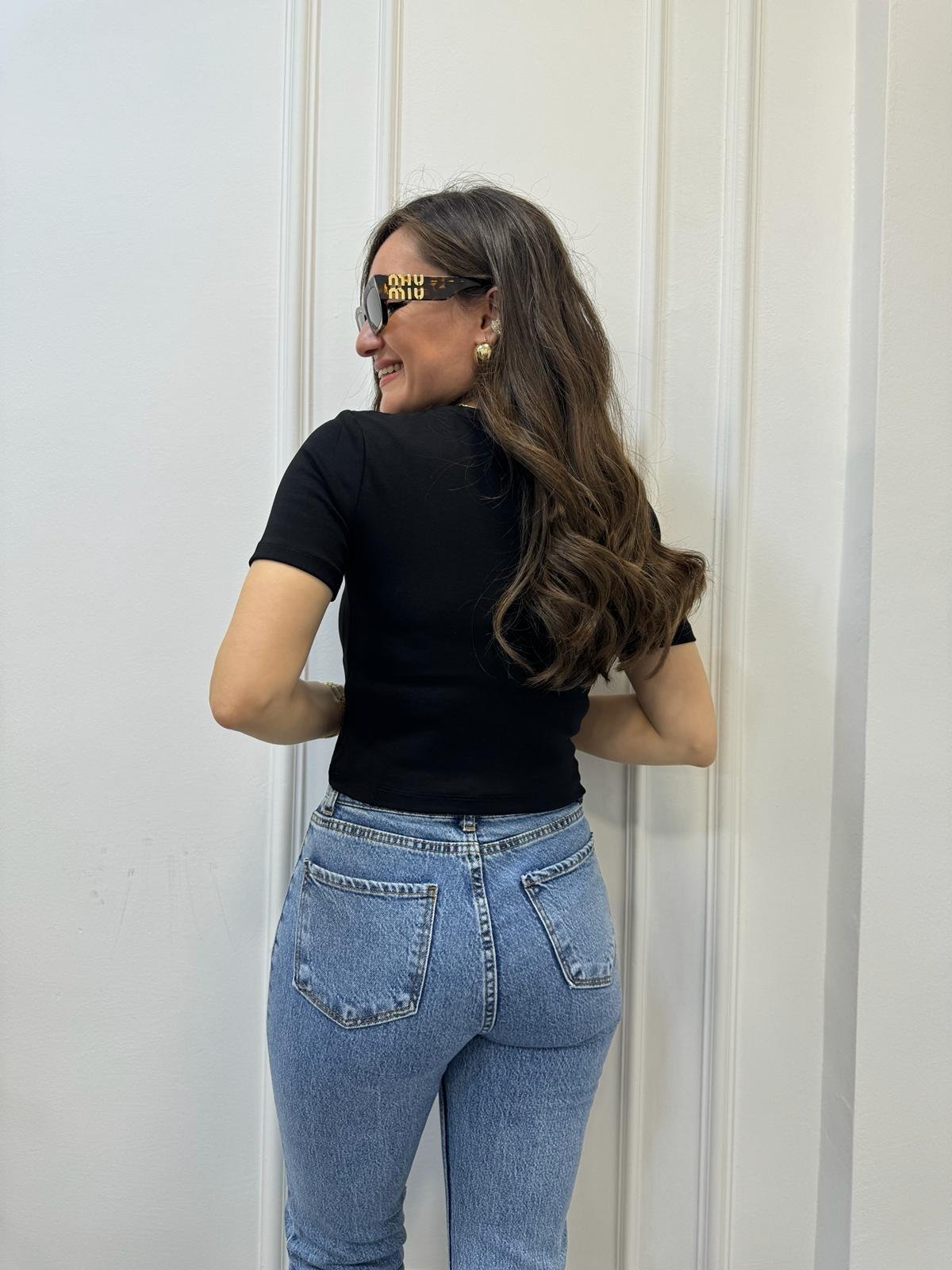 Siyah Bisiklet Yaka Kısa Kol Crop Tişört 30124