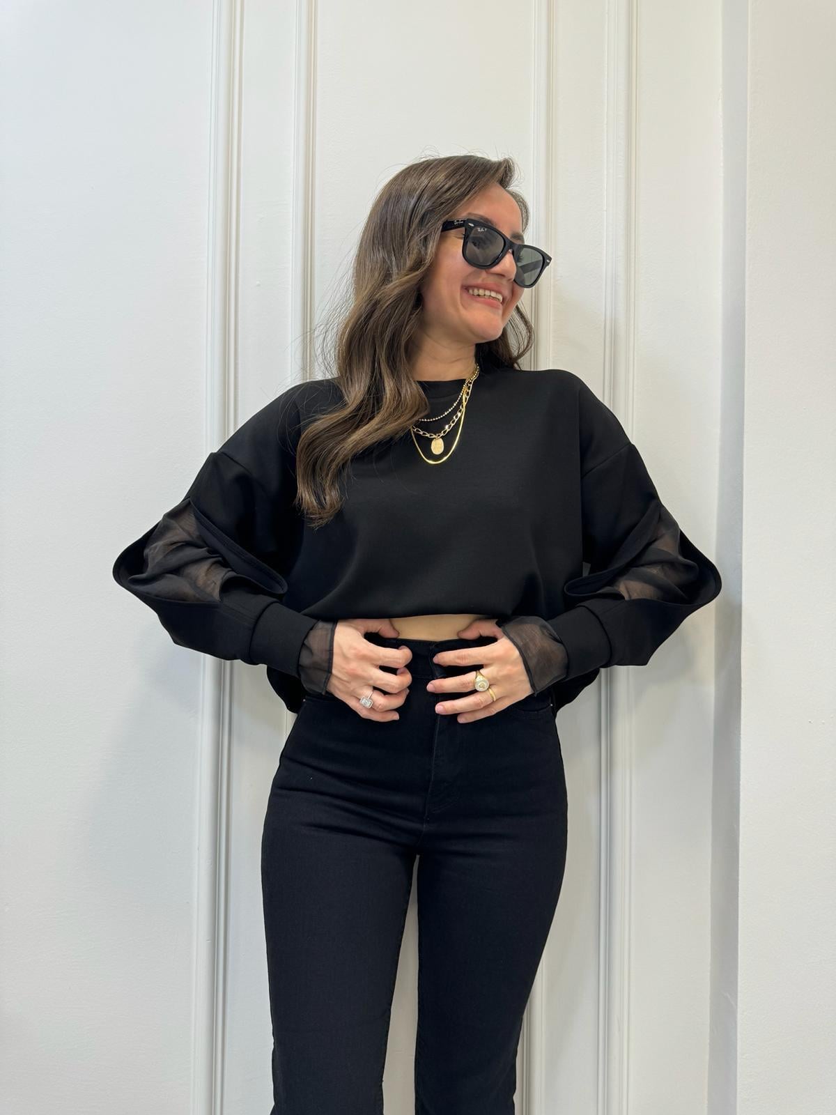 Siyah Bisiklet Yaka Kol Detaylı Tasarım Sweatshirt 2868