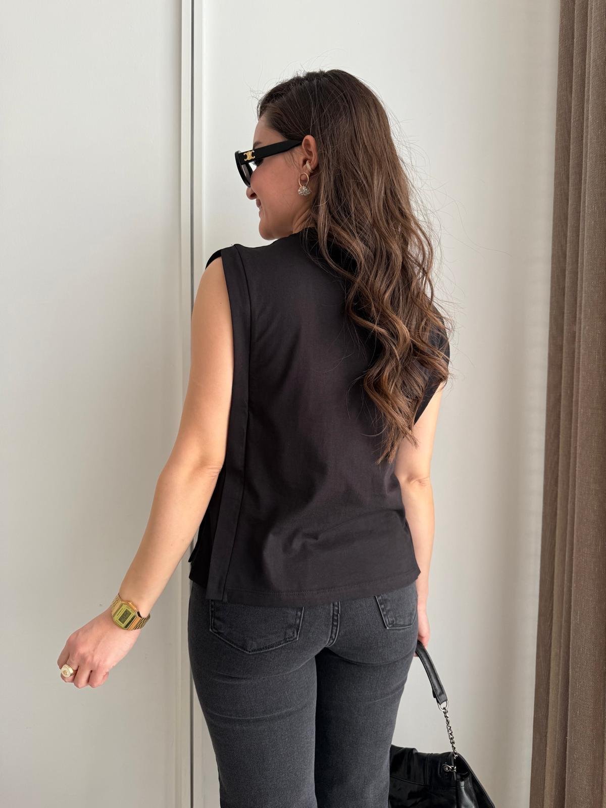 Siyah Bisiklet Yaka Önü Taşlı Tshirt 16175