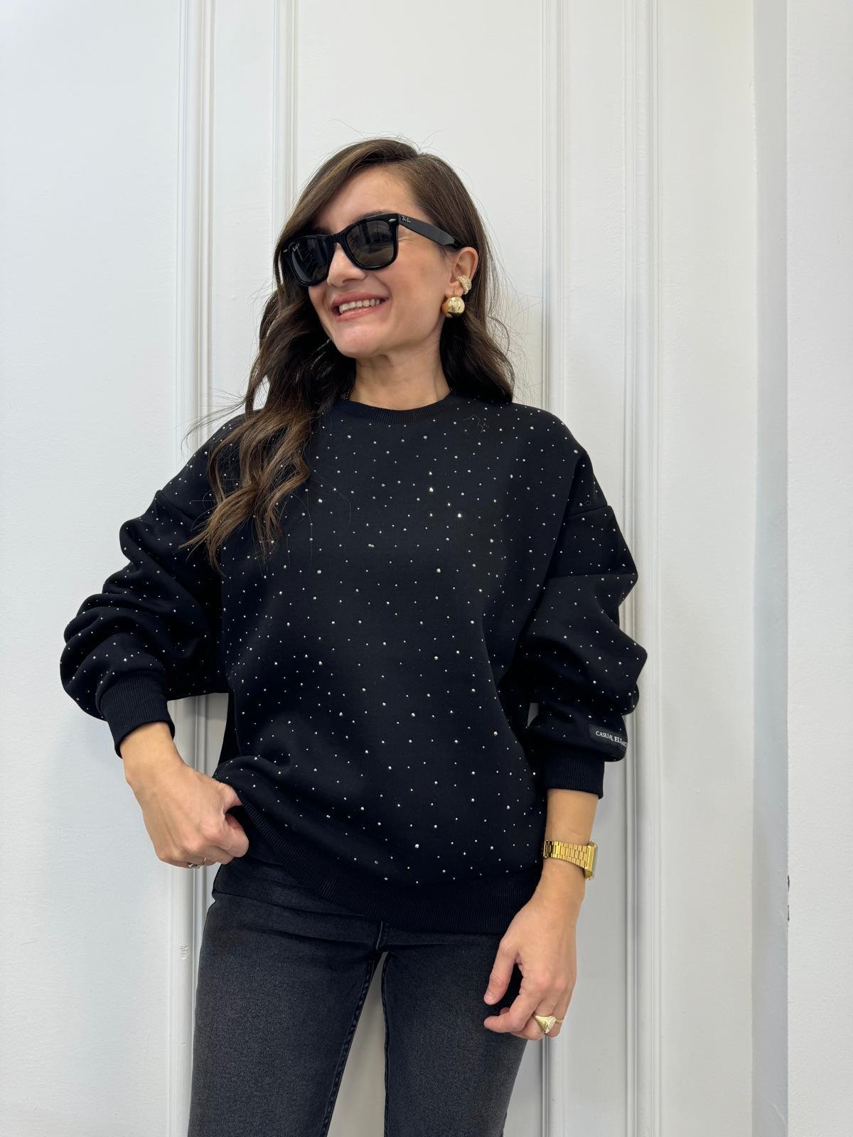 Siyah Bisiklet Yaka Taşlı Sweatshırt 1710004
