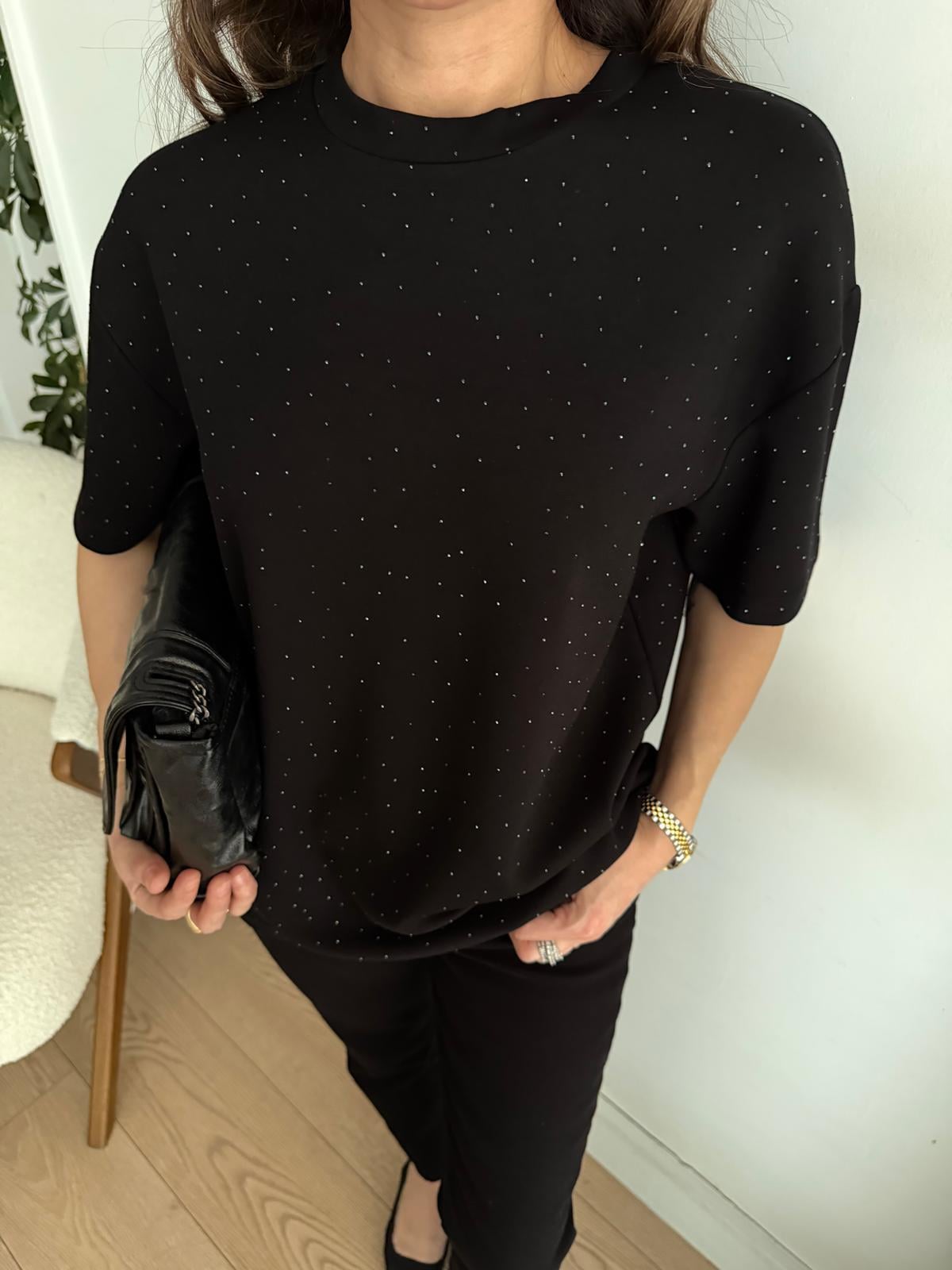 Siyah Bisiklet Yaka Taşlı Tshirt 4236