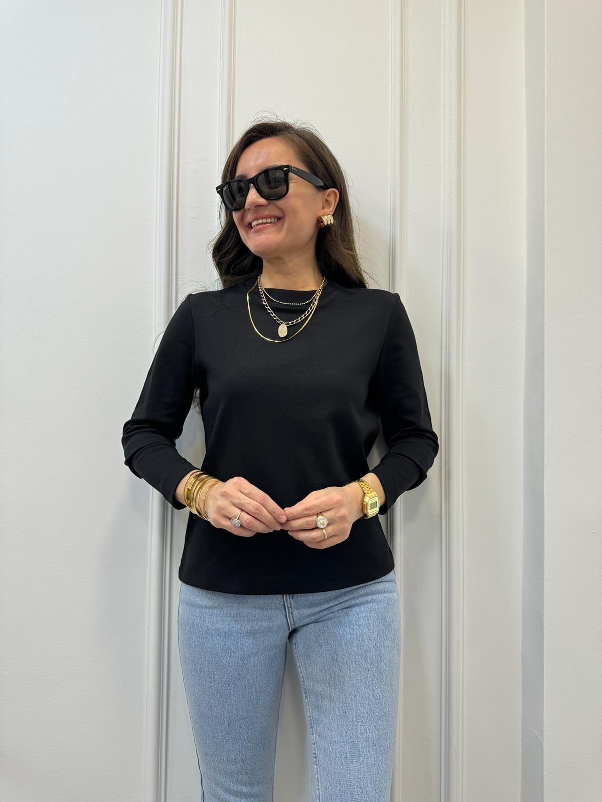 Siyah Bisiklet Yaka Uzun Kollu Basic Bluz 4978