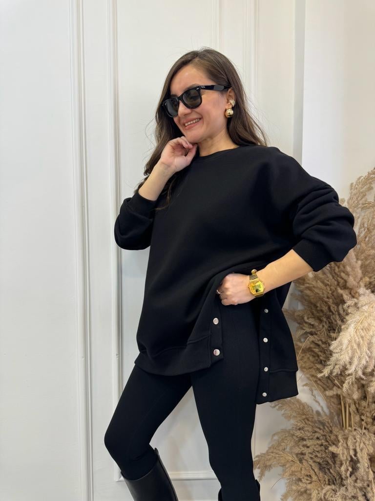 Siyah Bisiklet Yaka Yanı Çıtçıtlı Oversize Sweatshirt 8248