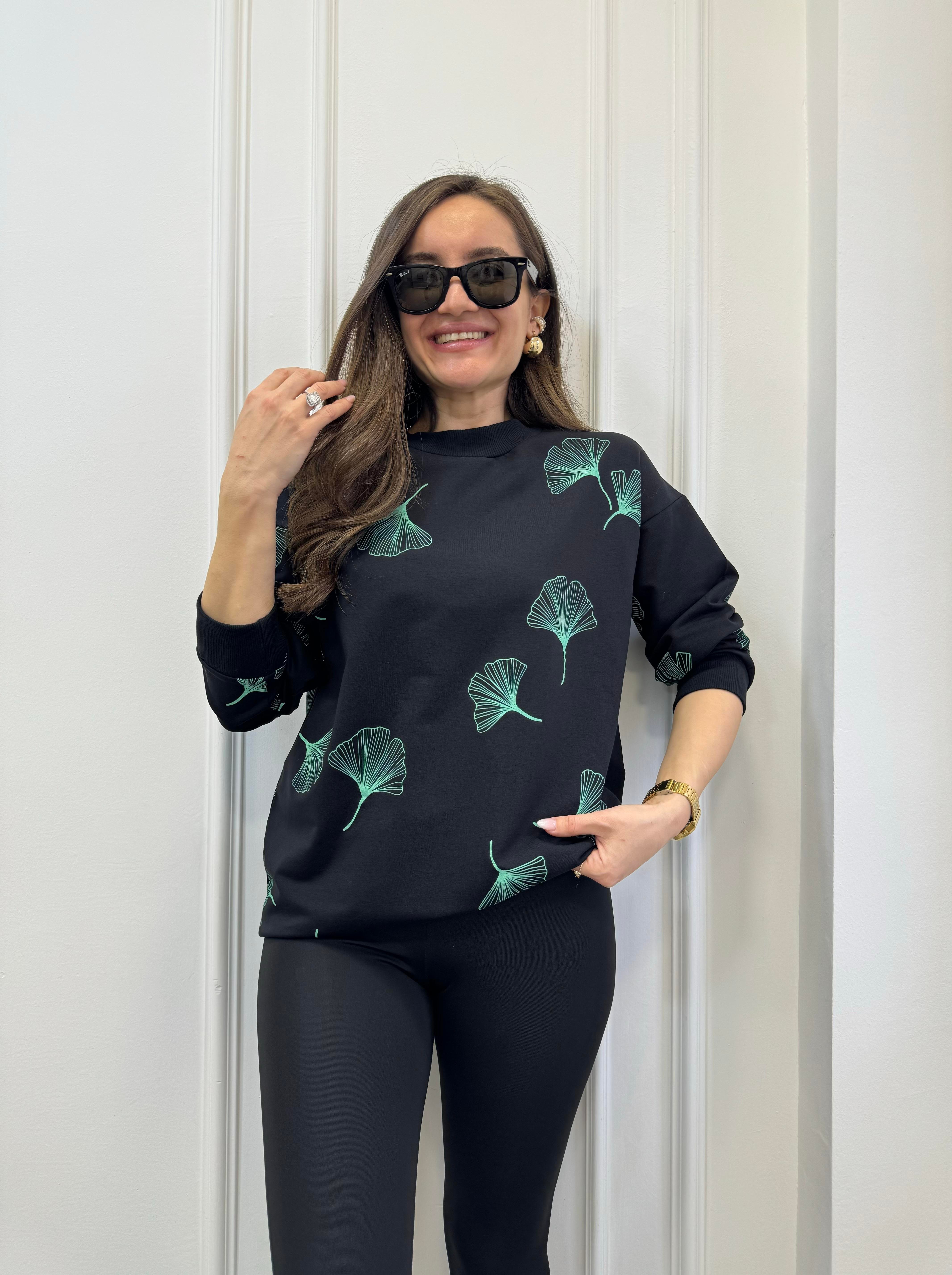 Siyah Bisiklet Yaka Yeşil Desenli Oversize Sweatshirt 9191