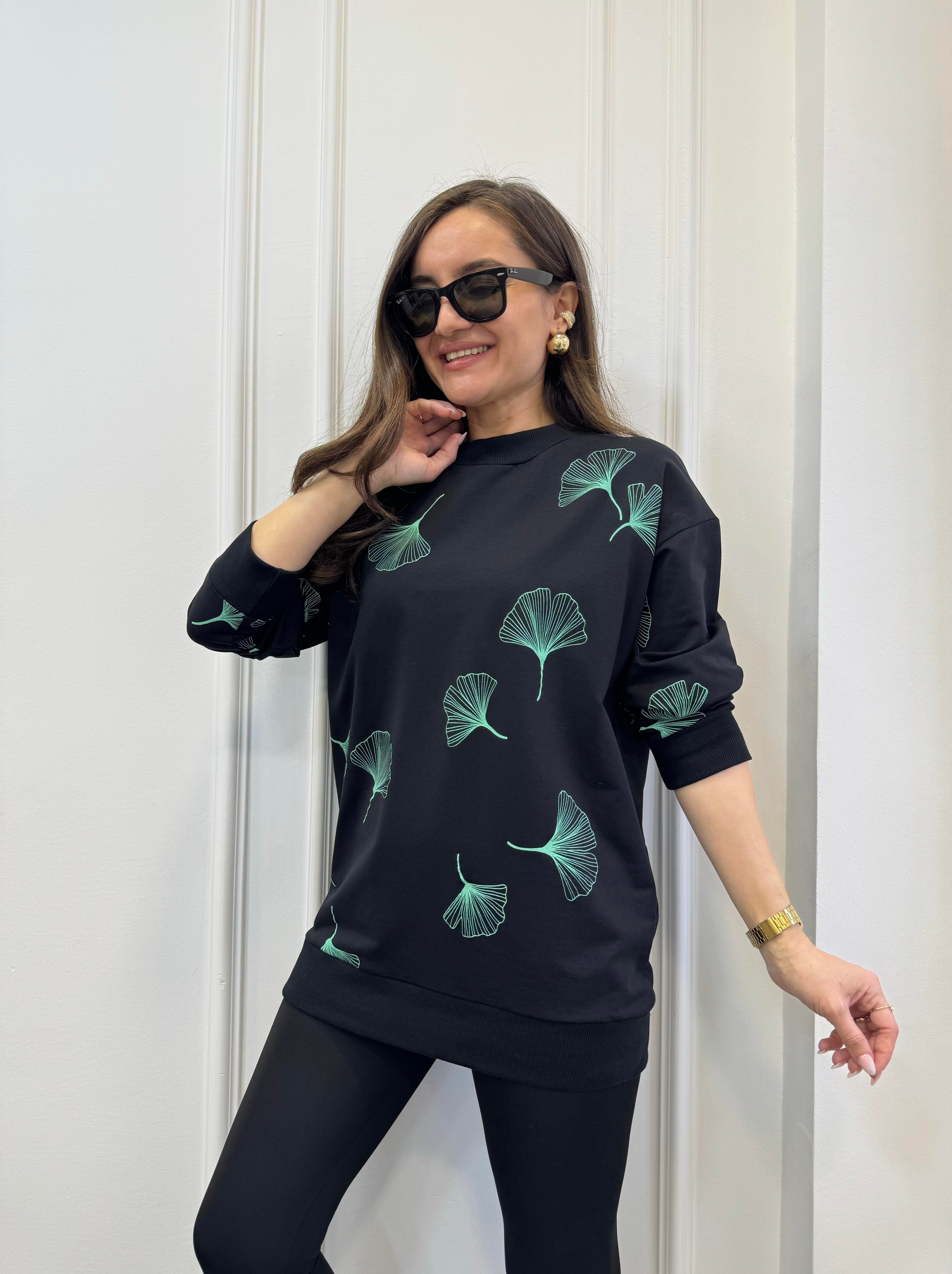 Siyah Bisiklet Yaka Yeşil Desenli Oversize Sweatshirt 9191