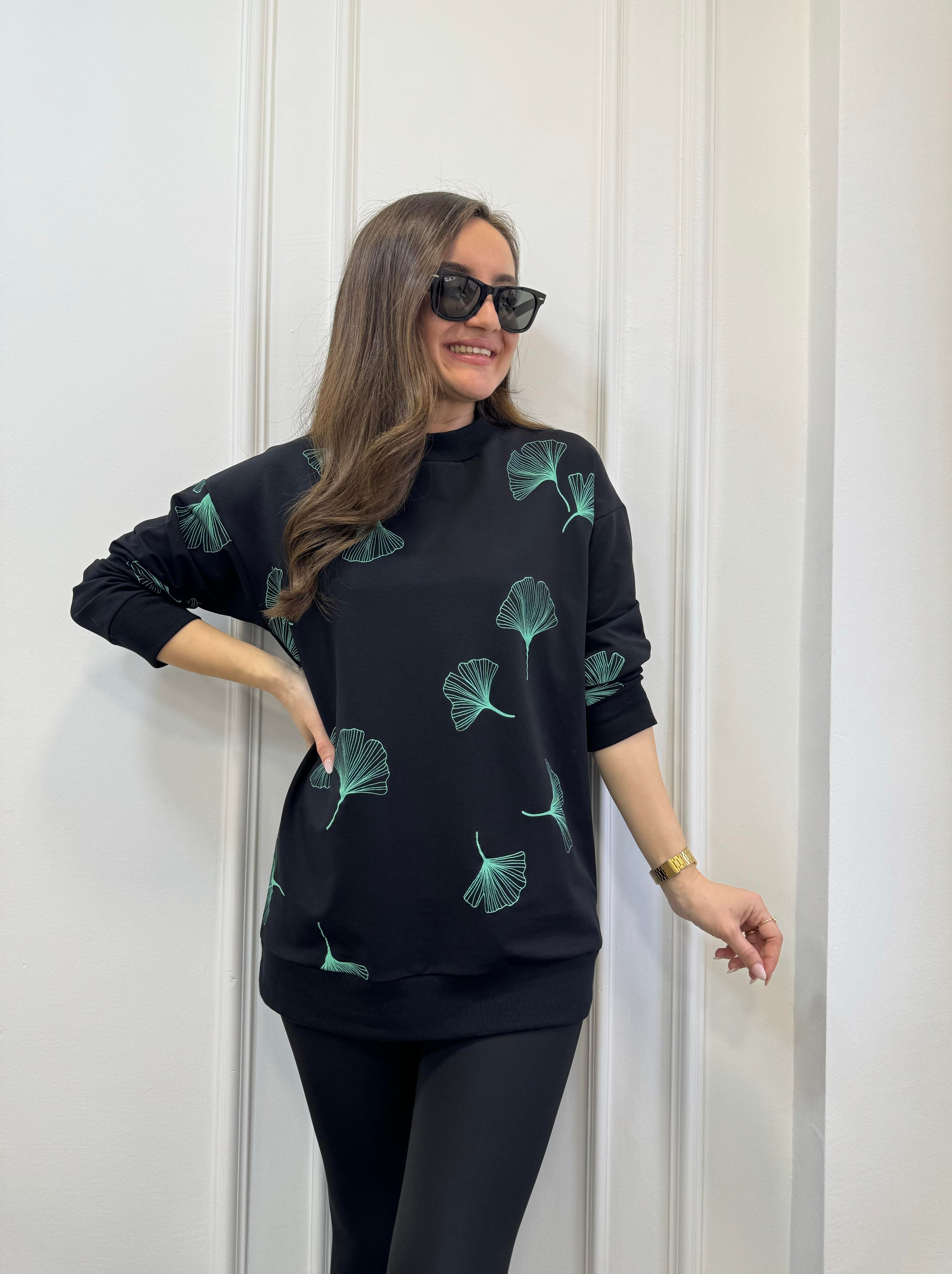 Siyah Bisiklet Yaka Yeşil Desenli Oversize Sweatshirt 9191