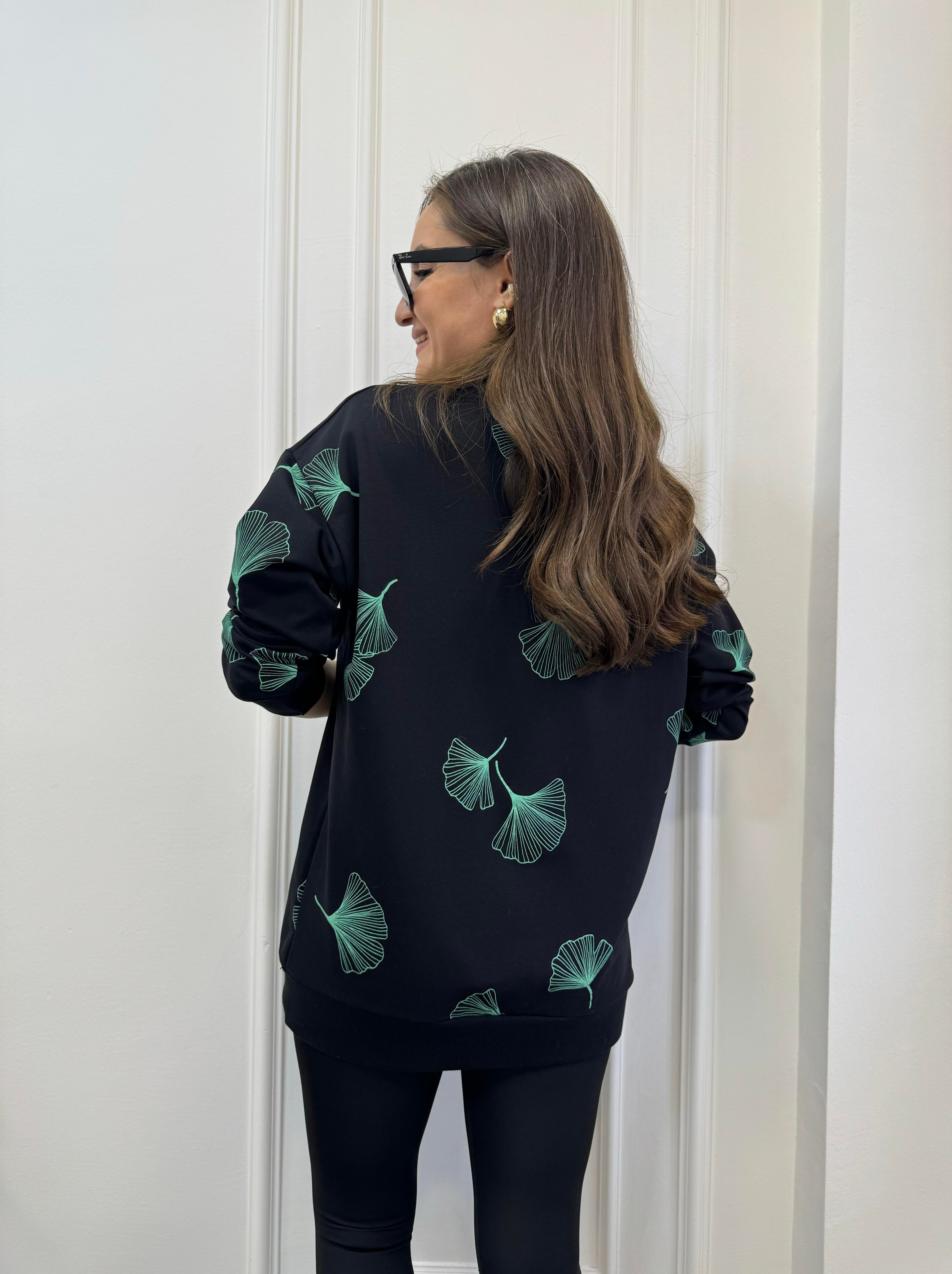 Siyah Bisiklet Yaka Yeşil Desenli Oversize Sweatshirt 9191