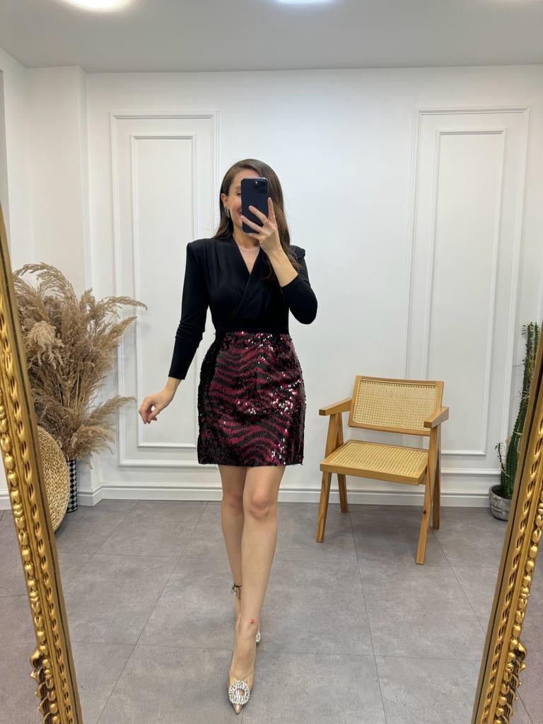 Siyah Bordo Payetli Etek 28264