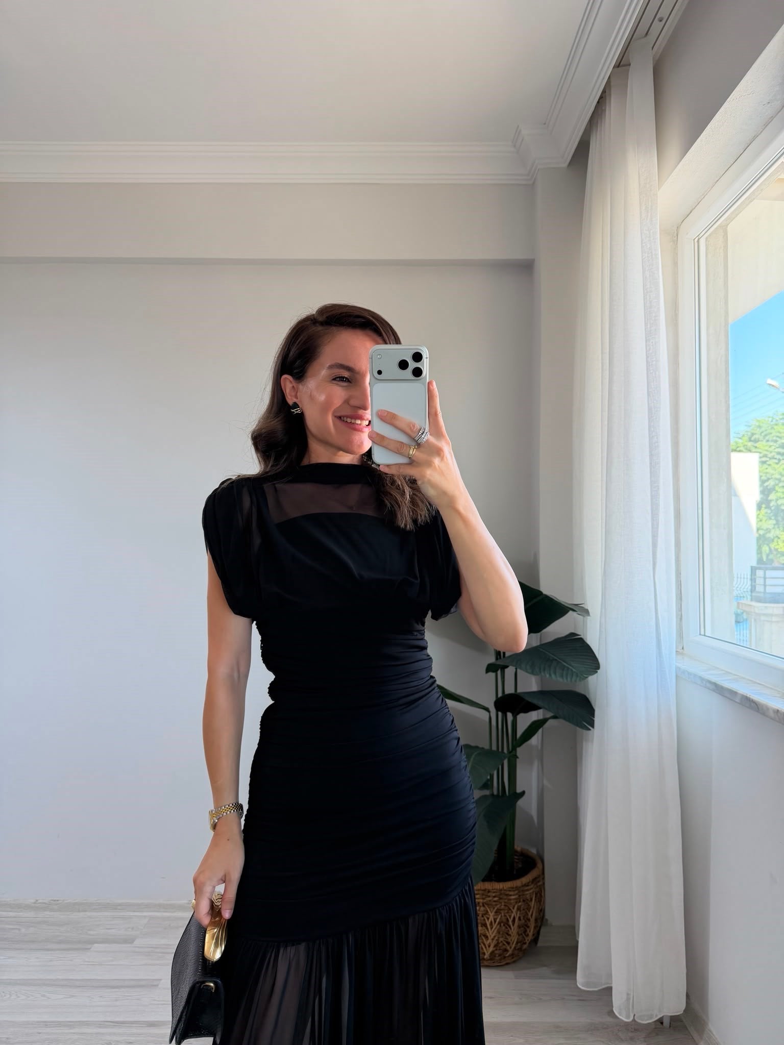 Siyah Büzgülü Tül Elbise 252730