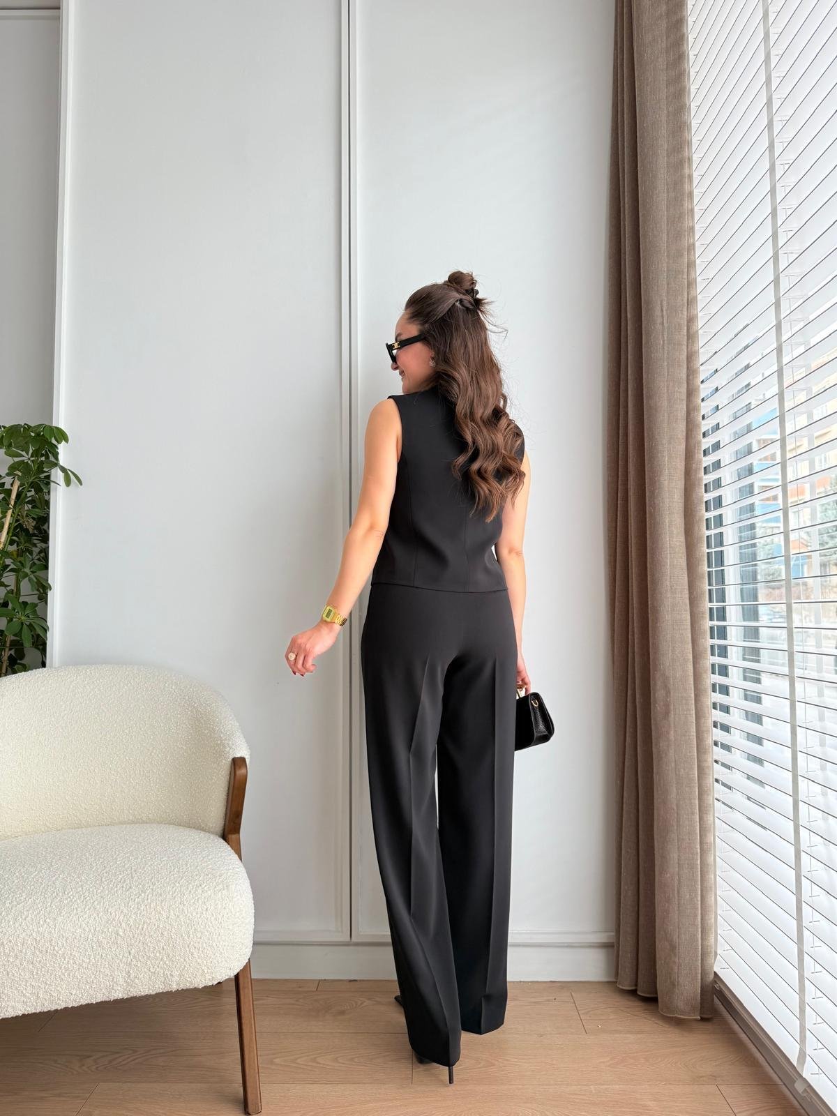 Siyah Çapraz Düğmeli Bol Paça Pantolon Yelek Takım 16506