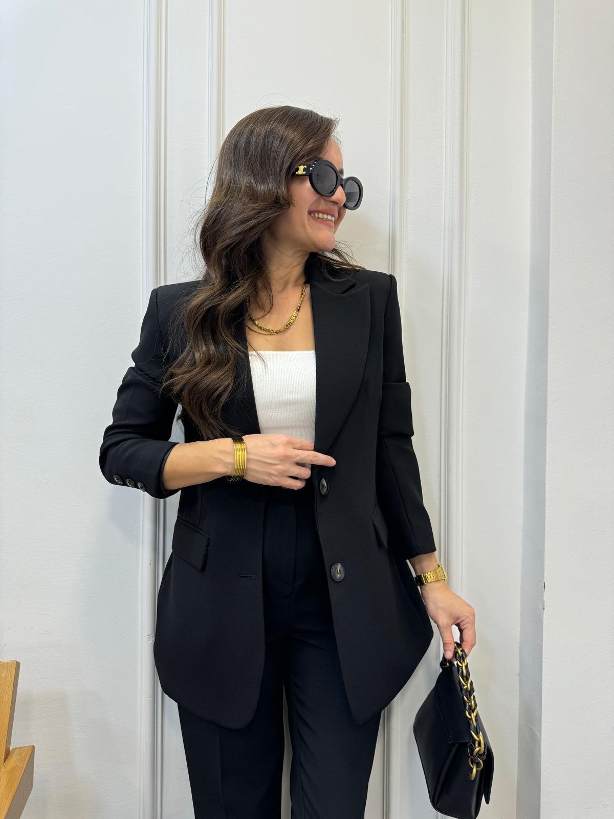 Siyah Cep Detaylı Çift Düğme Blazer Ceket 9452
