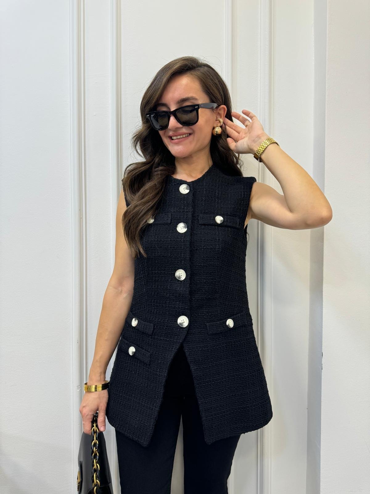 Siyah Cep Detaylı Düğmeli Astarlı Tüvit Yelek 2077