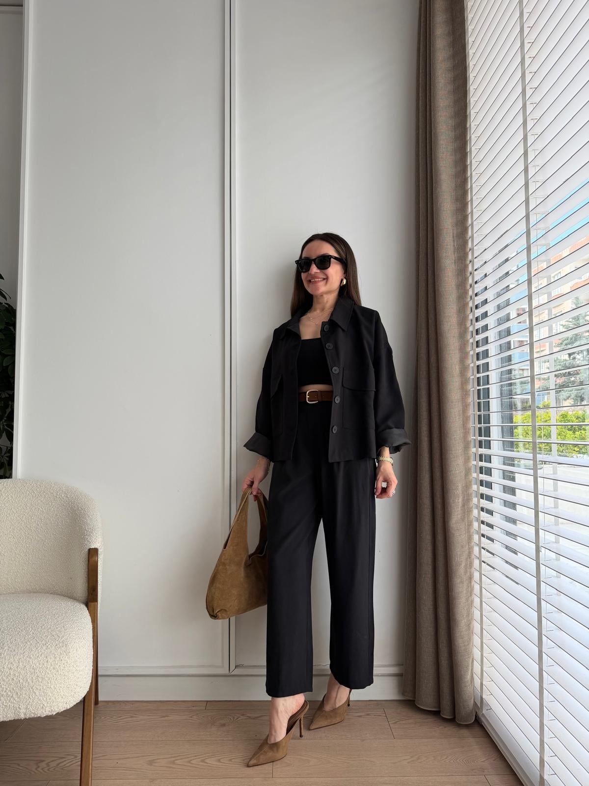Siyah Cepli Oversize Kemerli Takım 9025