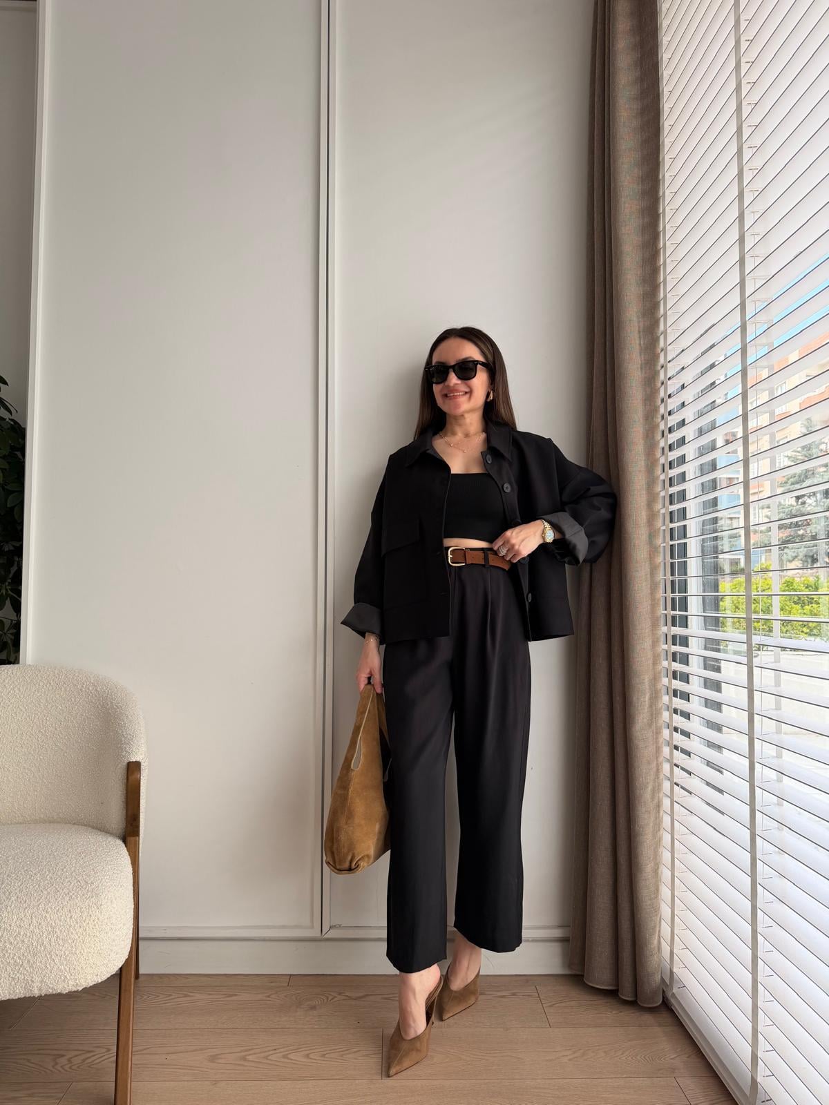Siyah Cepli Oversize Kemerli Takım 9025
