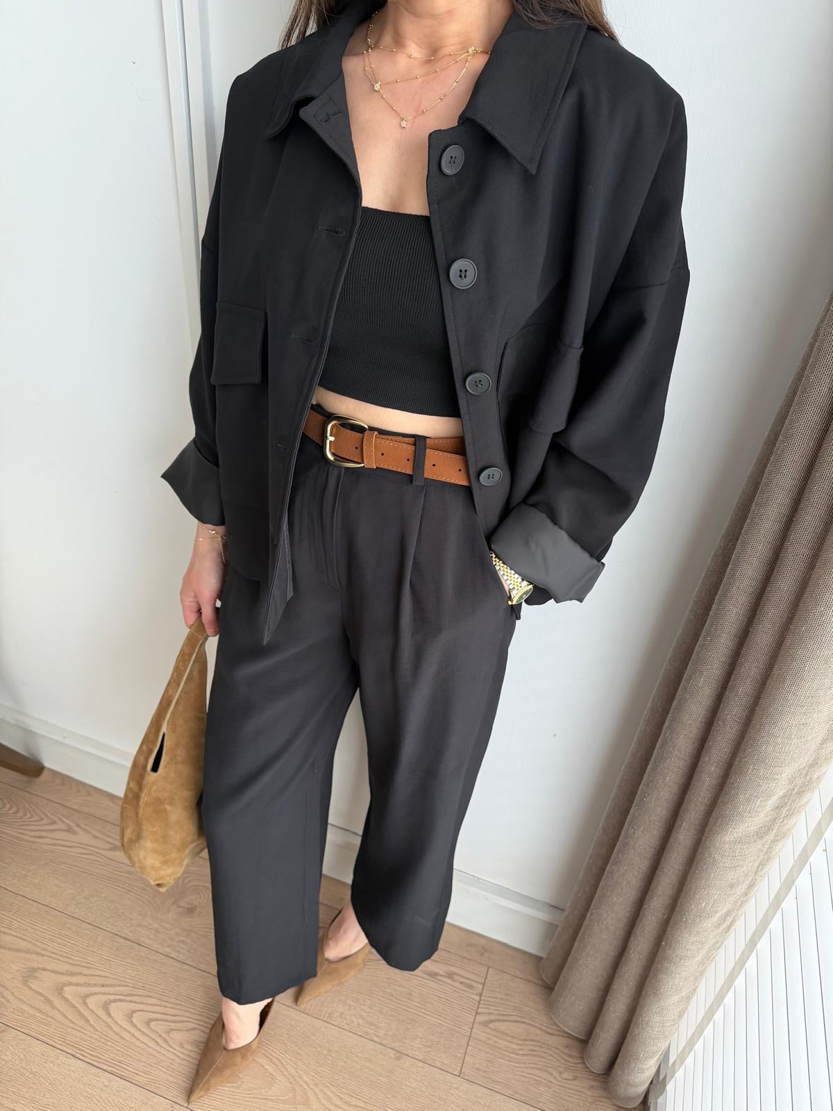 Siyah Cepli Oversize Kemerli Takım 9025