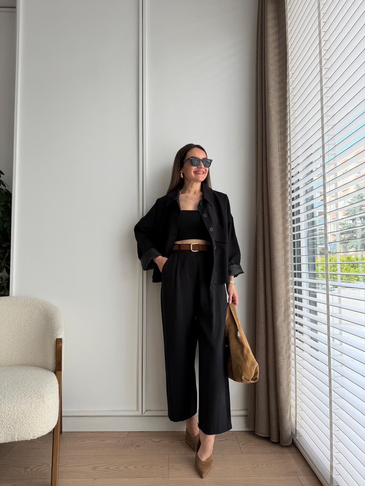Siyah Cepli Oversize Kemerli Takım 9025