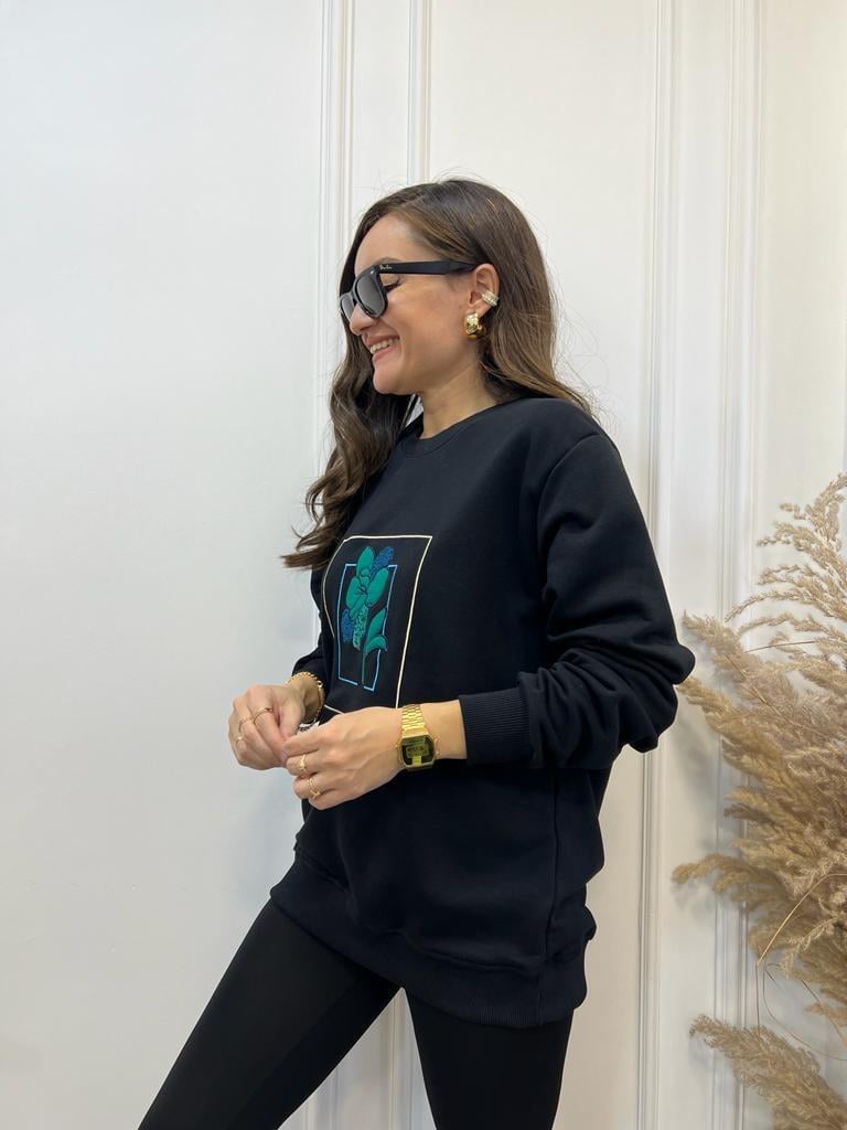 Siyah Çiçek Nakış İşlemeli Orijinal Marka Sweatshirt 2767
