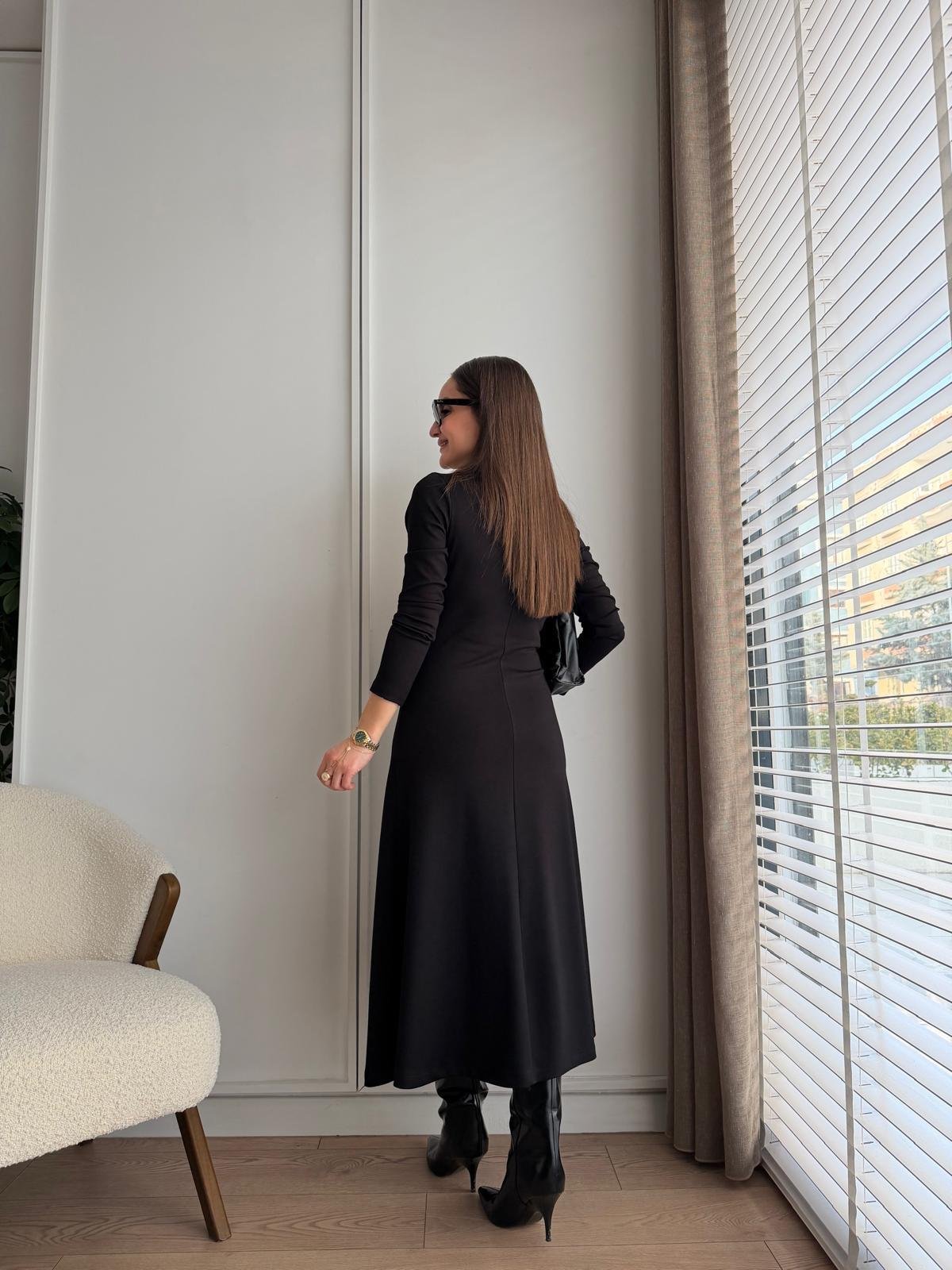 Siyah Çift Fermuarlı Midi Boy Elbise 2323