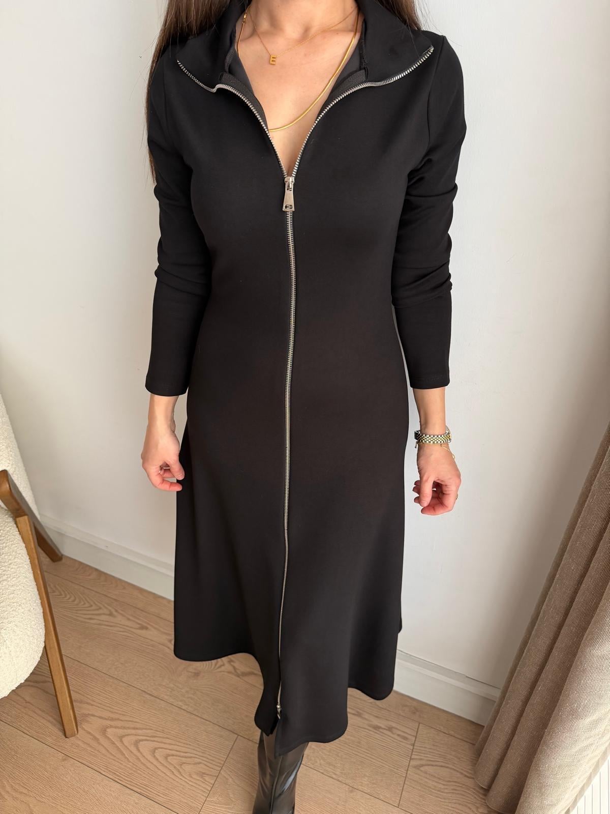 Siyah Çift Fermuarlı Midi Boy Elbise 2323