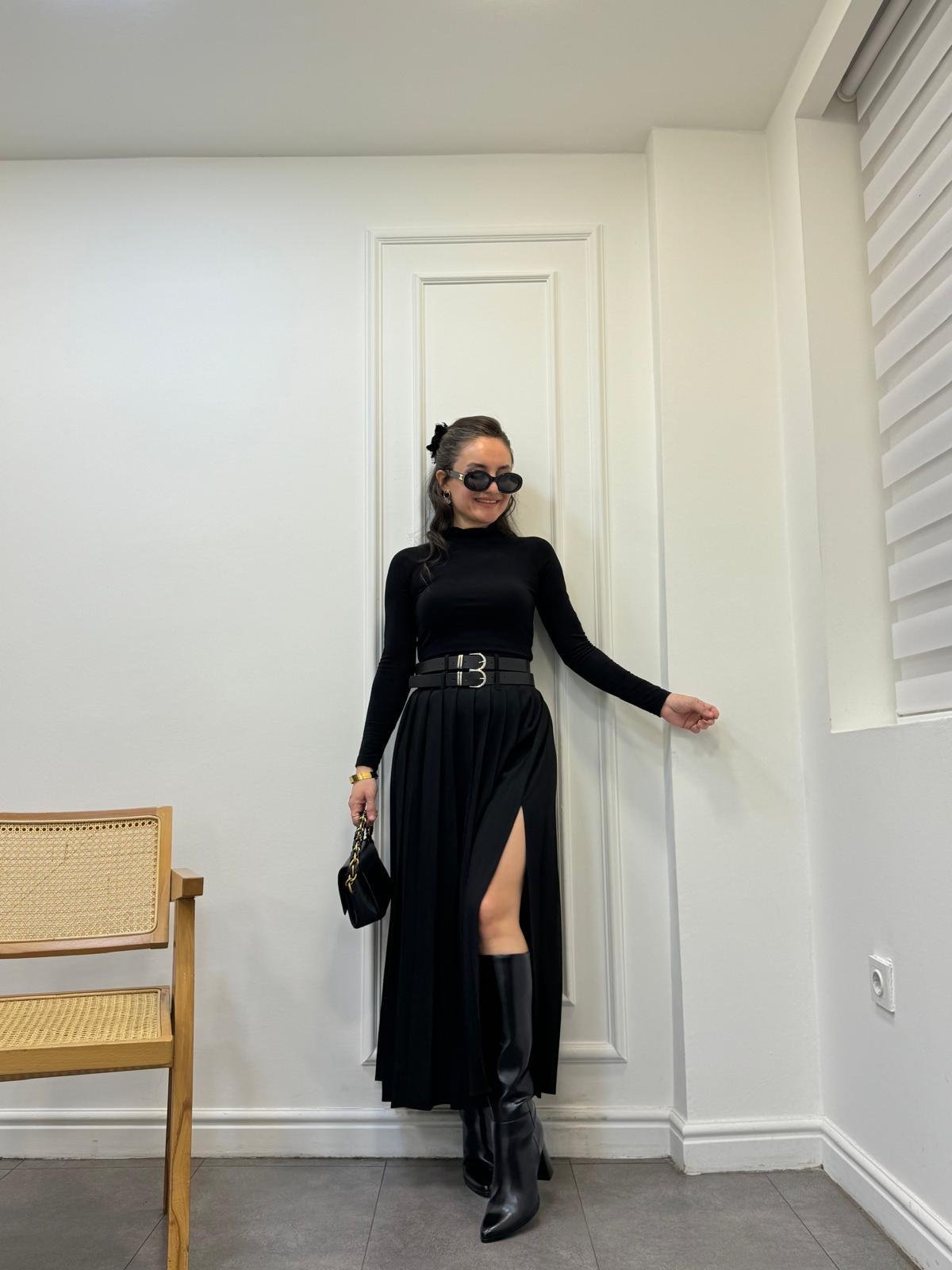 Siyah Çift Kemer Detaylı Piliseli Etek 1089