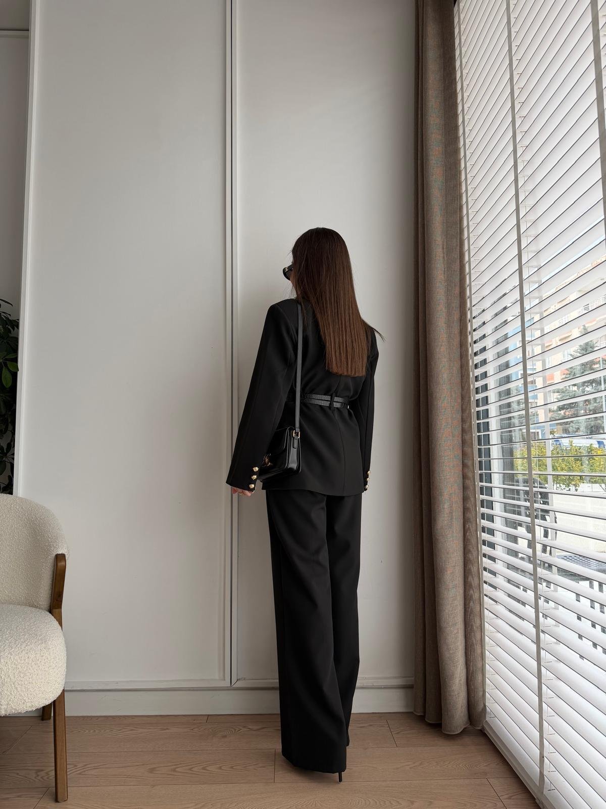 Siyah Çift Kemerli Blazer Ceket Pantolon Takım 9268