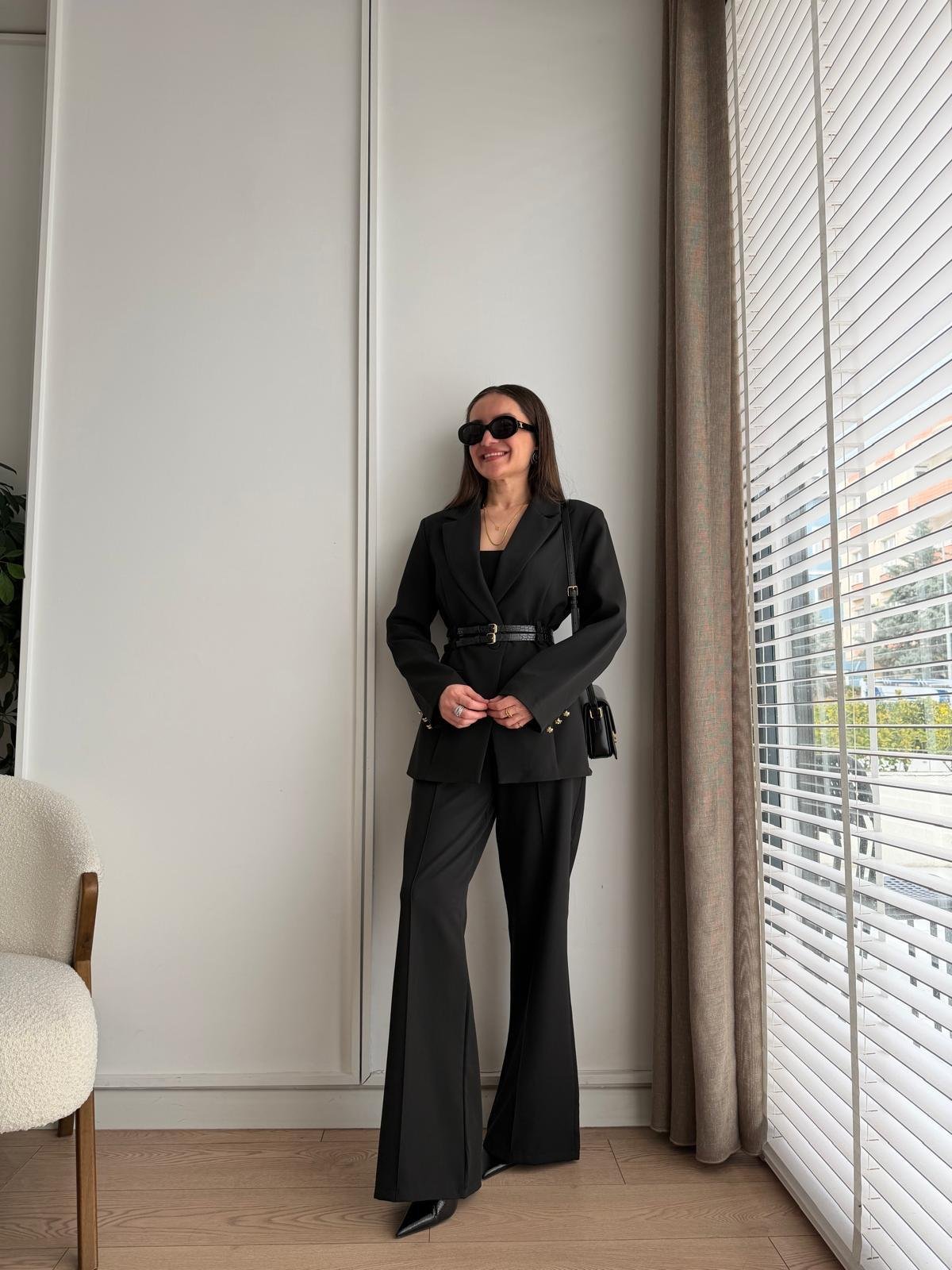 Siyah Çift Kemerli Blazer Ceket Pantolon Takım 9268