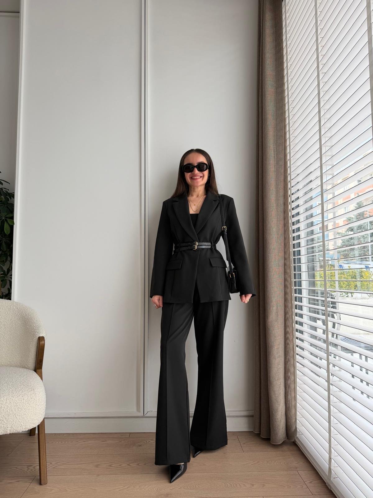 Siyah Çift Kemerli Blazer Ceket Pantolon Takım 9268