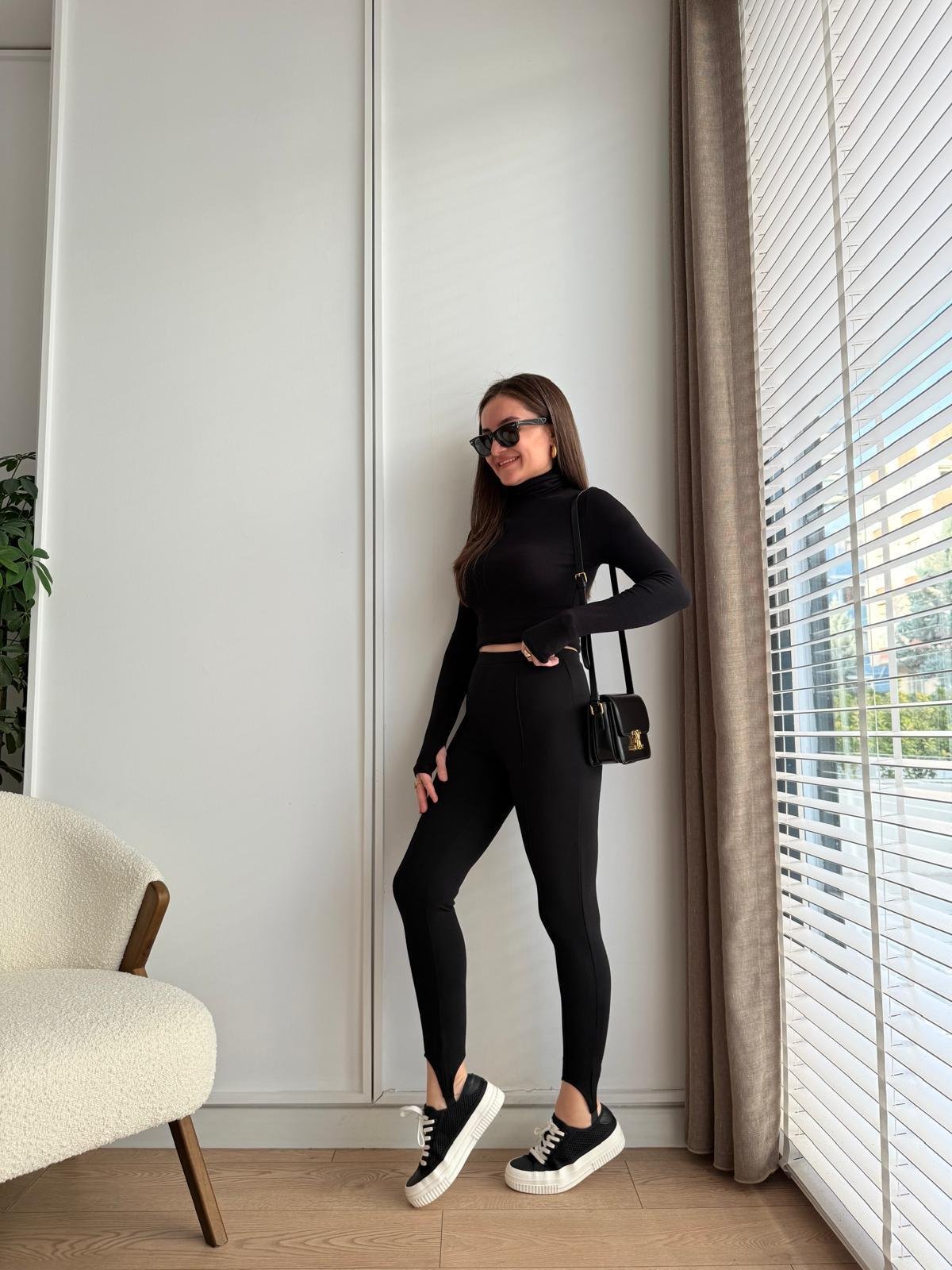 Siyah Çımalı Bilek Detaylı Tayt 4437