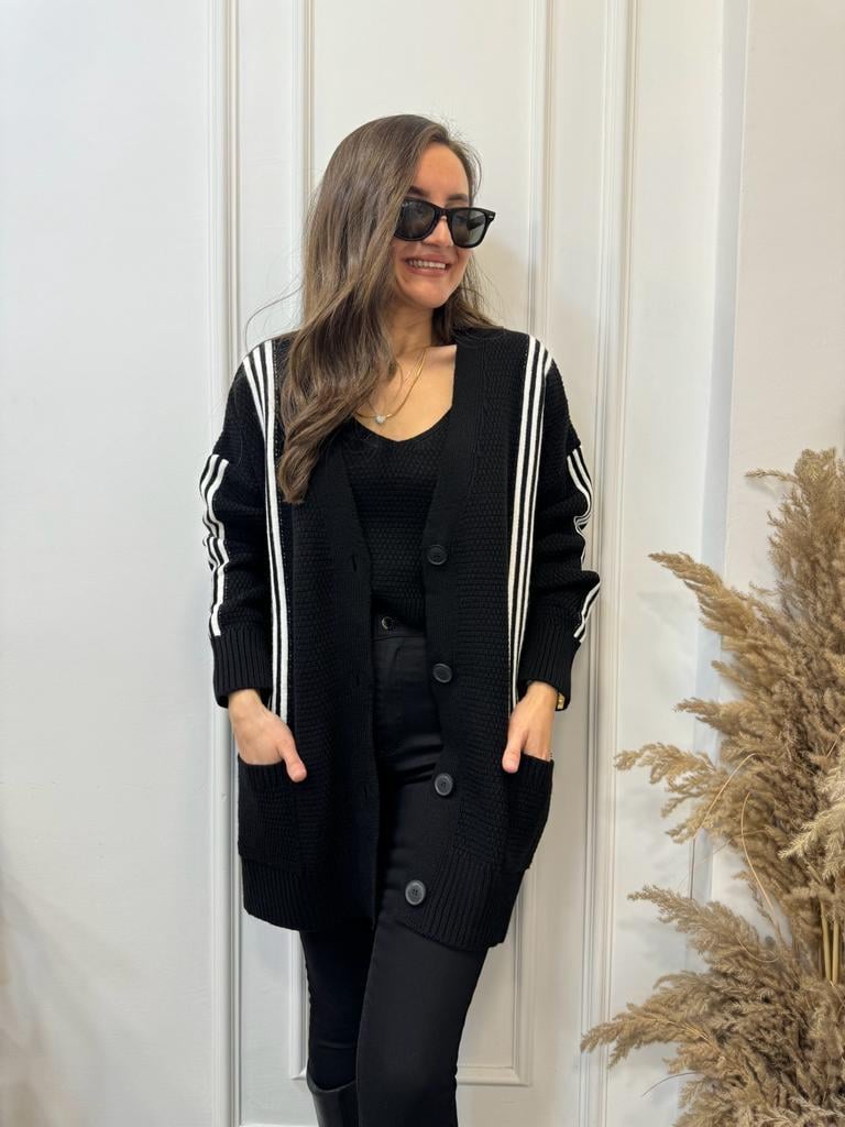 Siyah Çizgili Crop Hırka Takım 0023