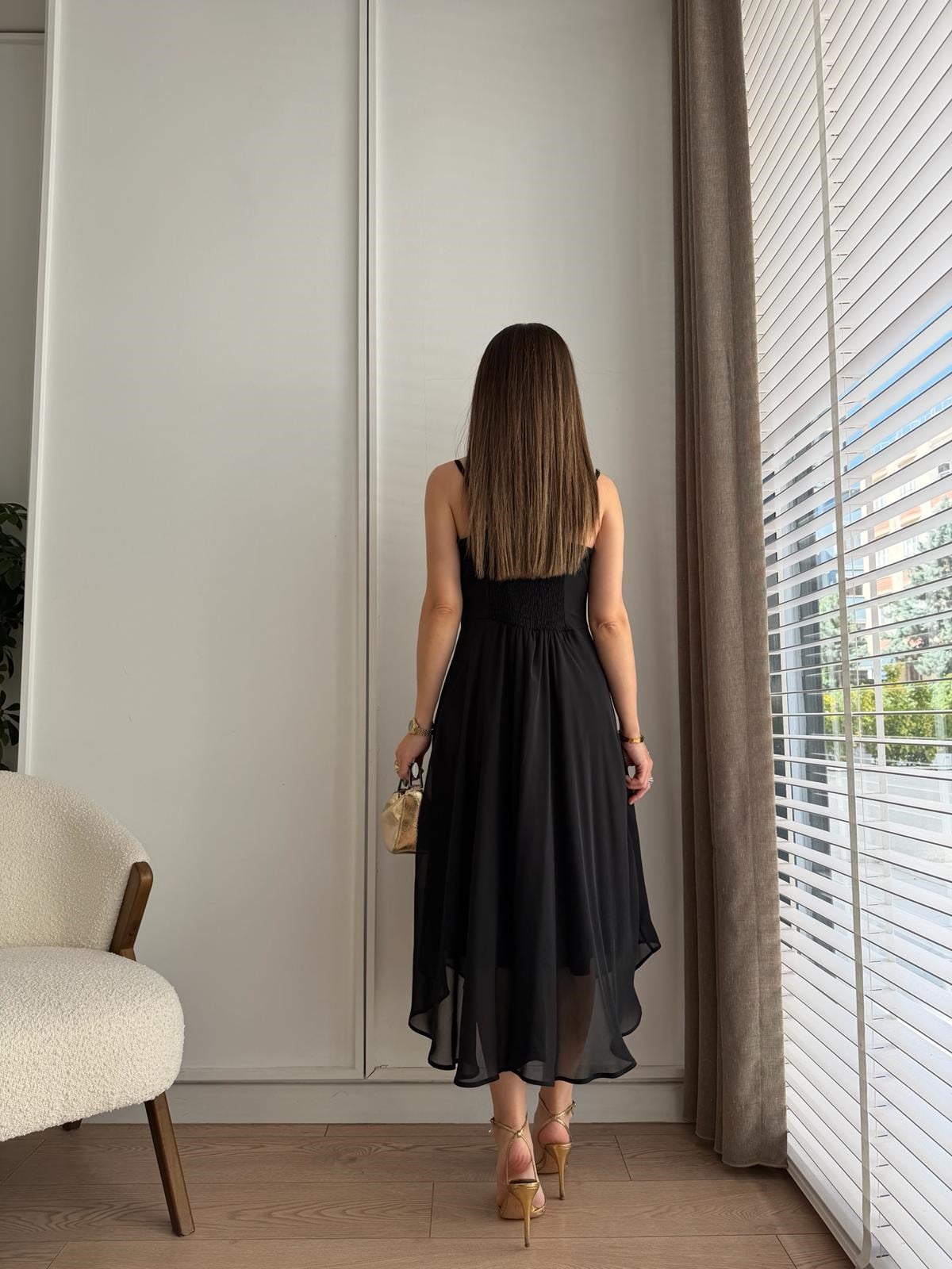 Siyah Degaje Yaka Askılı Şifon Elbise 5153