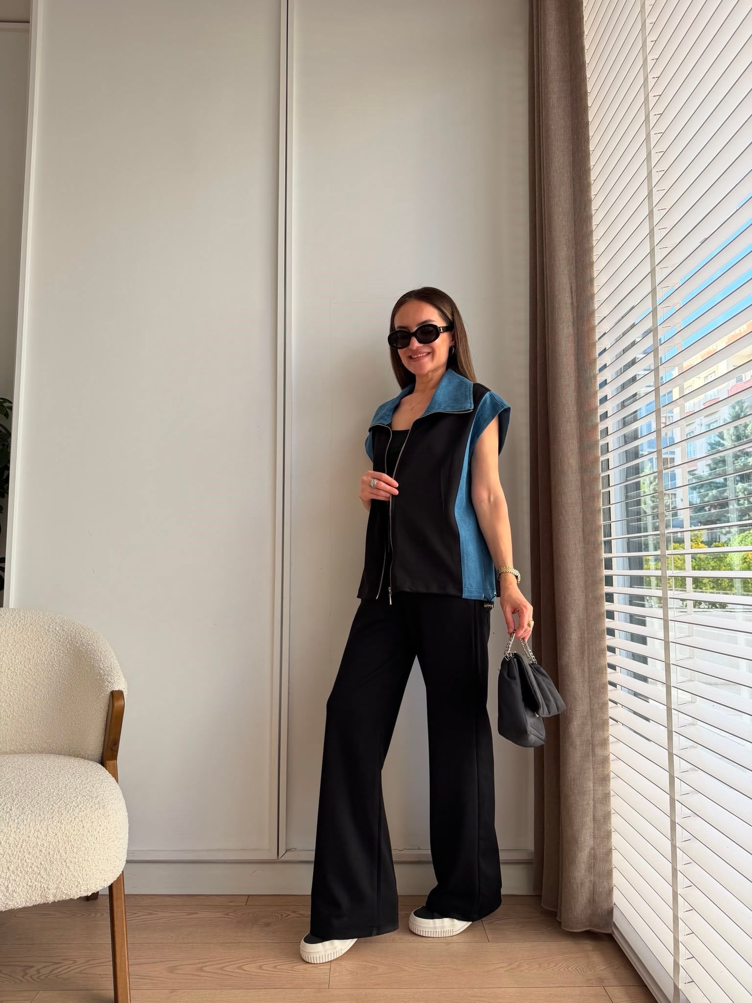 Siyah Denim Detaylı Yelek Pantolon Modal Takım KA2002