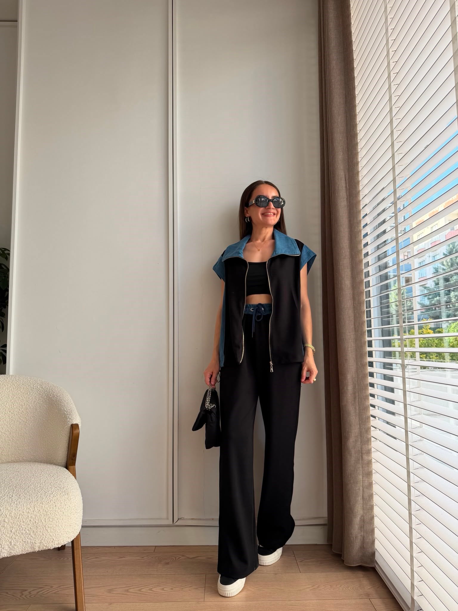 Siyah Denim Detaylı Yelek Pantolon Modal Takım KA2002