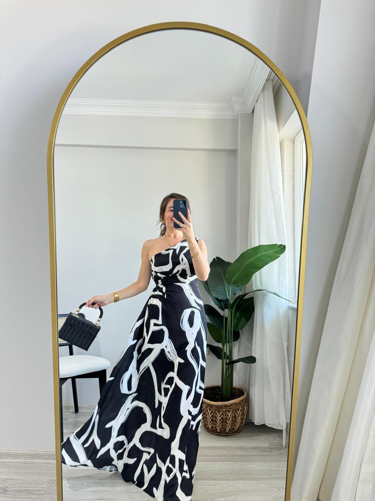 Siyah Desenli Bel Dekolteli Tek Omuz Elbise 5956