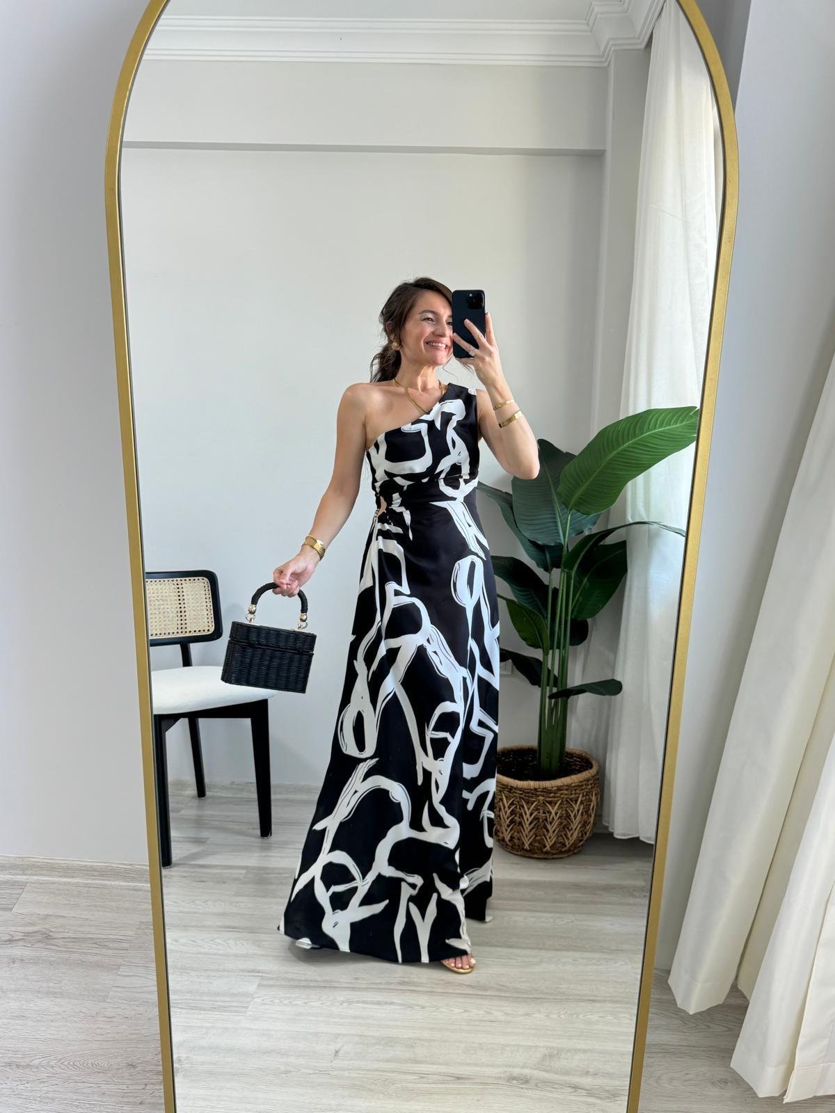 Siyah Desenli Bel Dekolteli Tek Omuz Elbise 5956